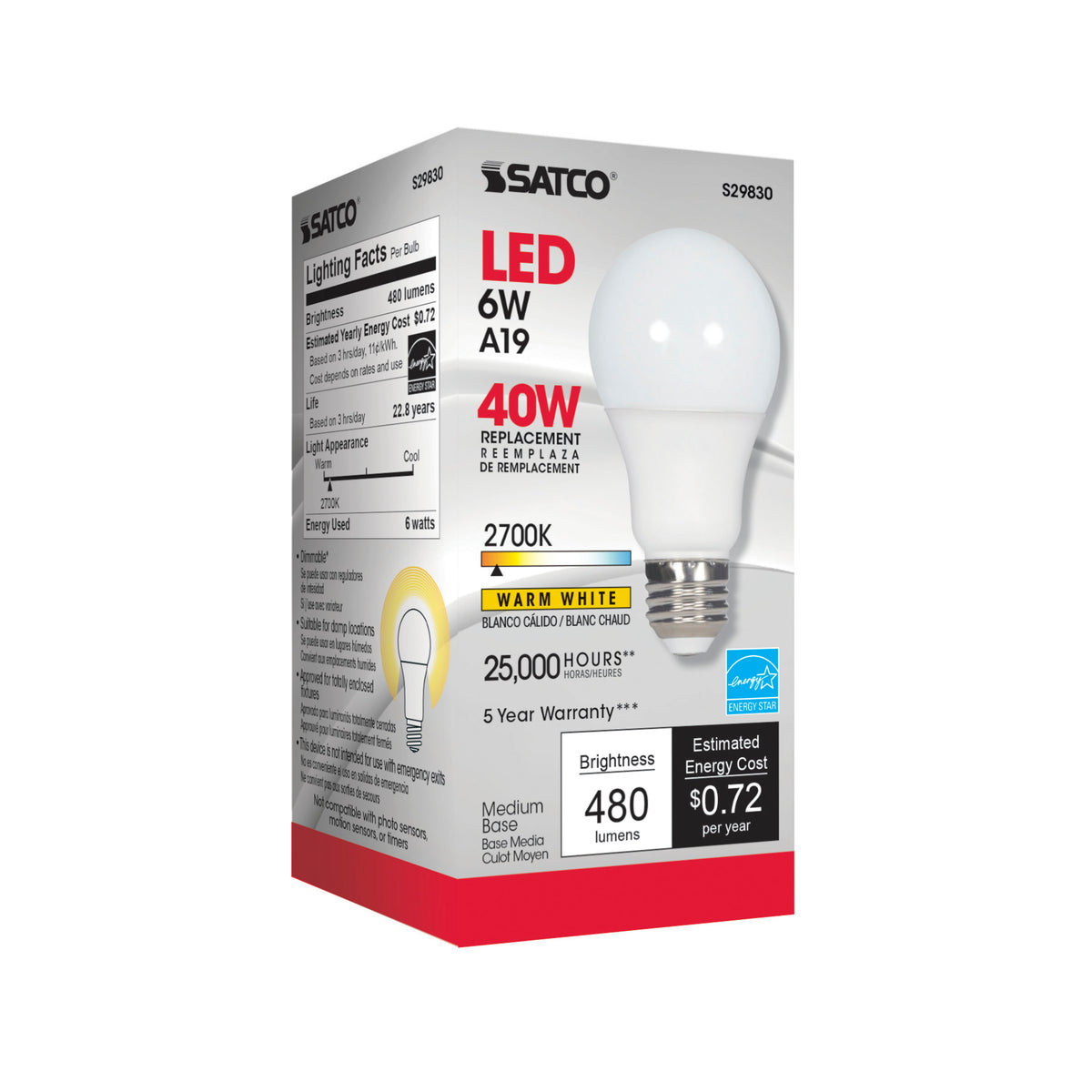6 Watt - A19 LED - 2700K - Medium base - 220 deg. Beam Angle - 120 Volt