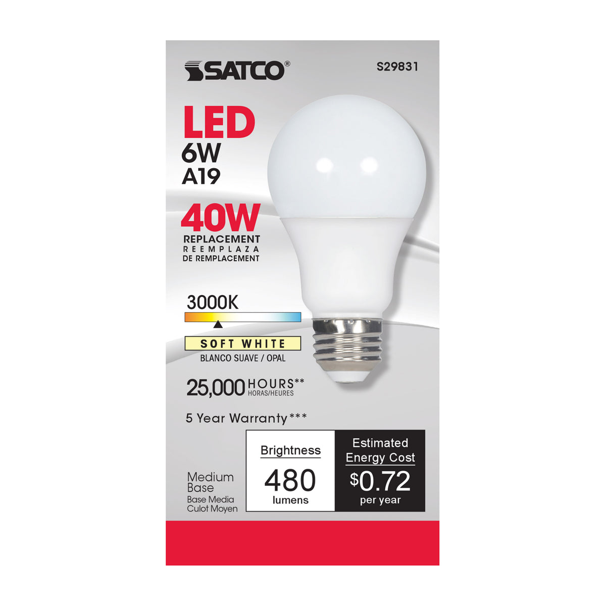 6 Watt - A19 LED - 3000K - Medium base - 220 deg. Beam Angle - 120 Volt