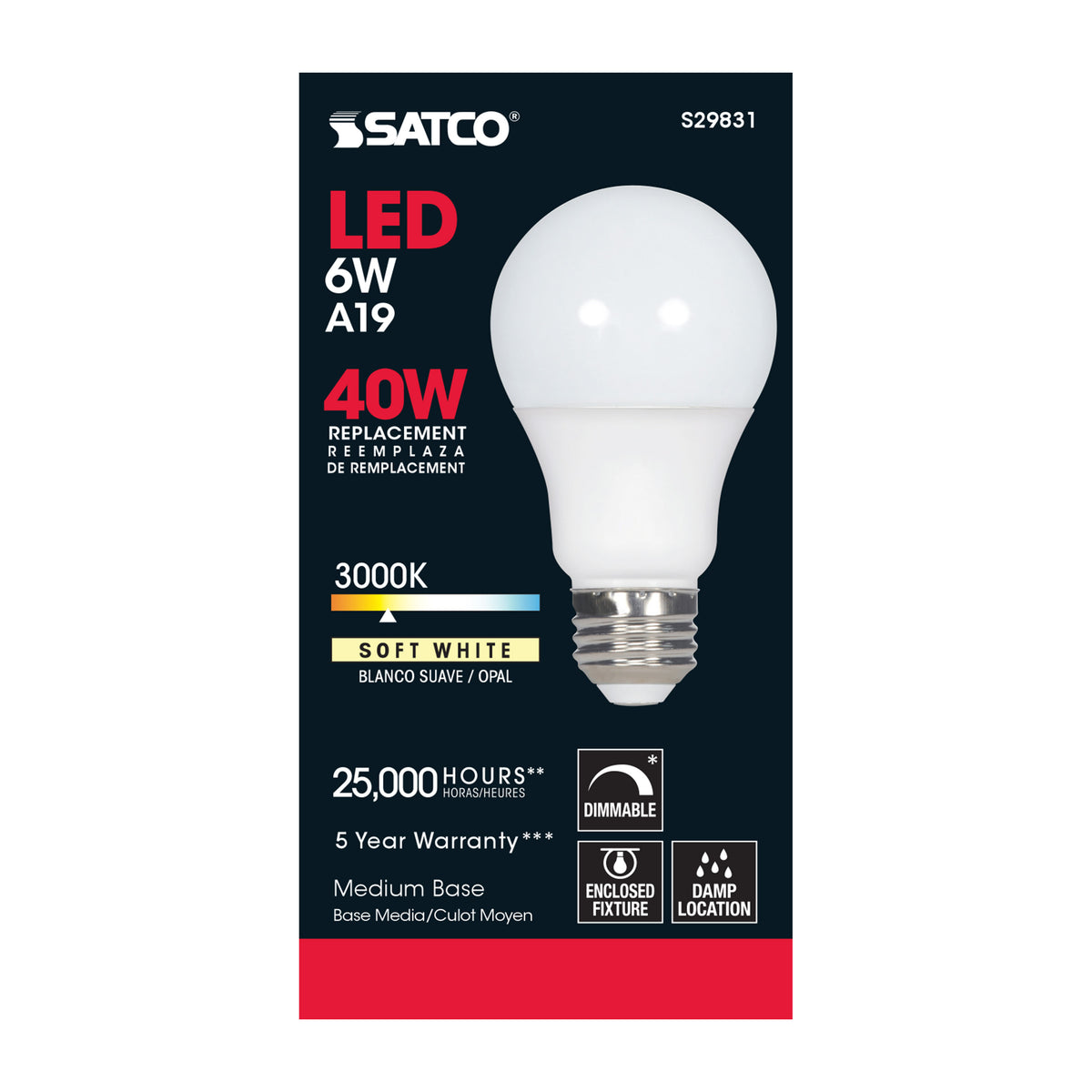 6 Watt - A19 LED - 3000K - Medium base - 220 deg. Beam Angle - 120 Volt