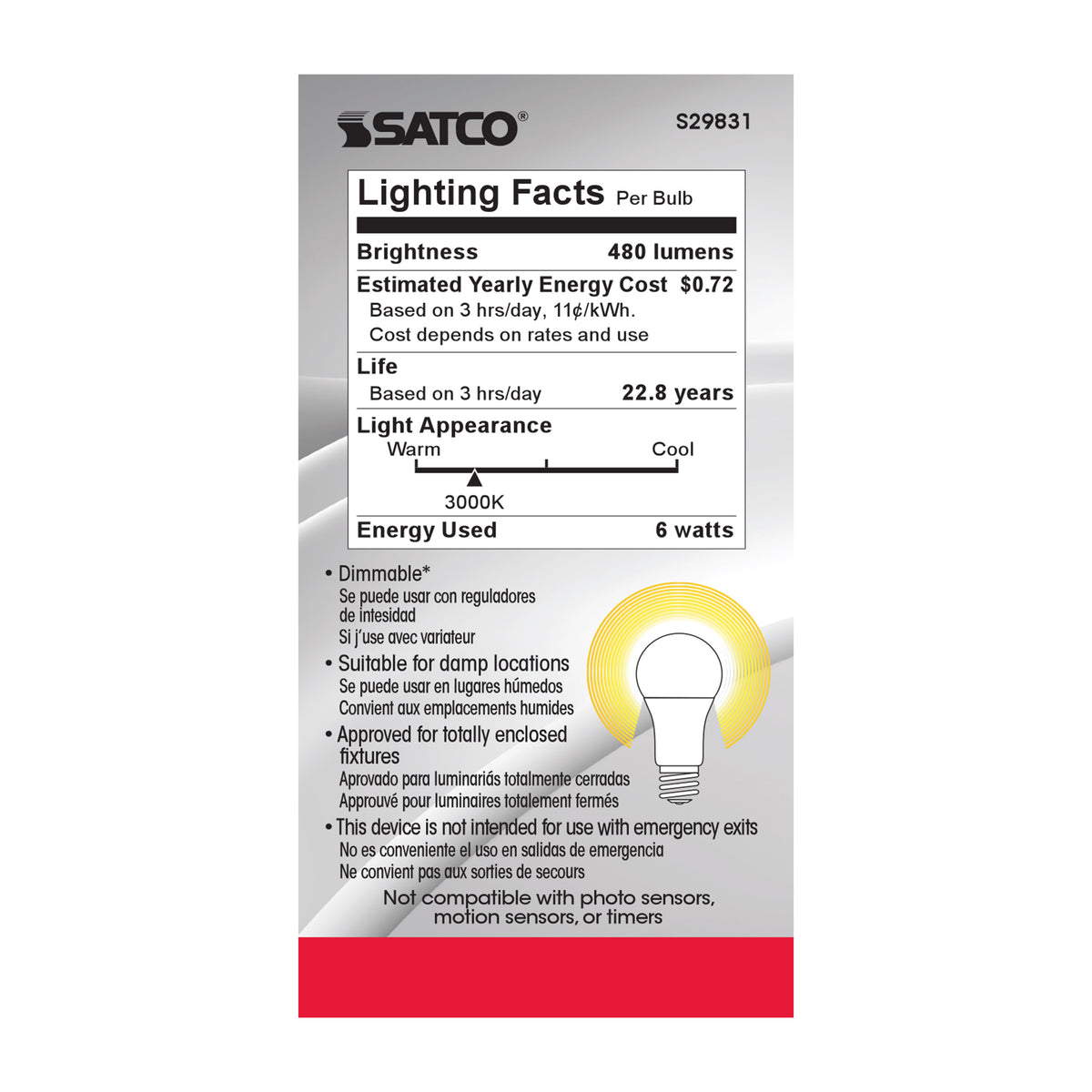 6 Watt - A19 LED - 3000K - Medium base - 220 deg. Beam Angle - 120 Volt