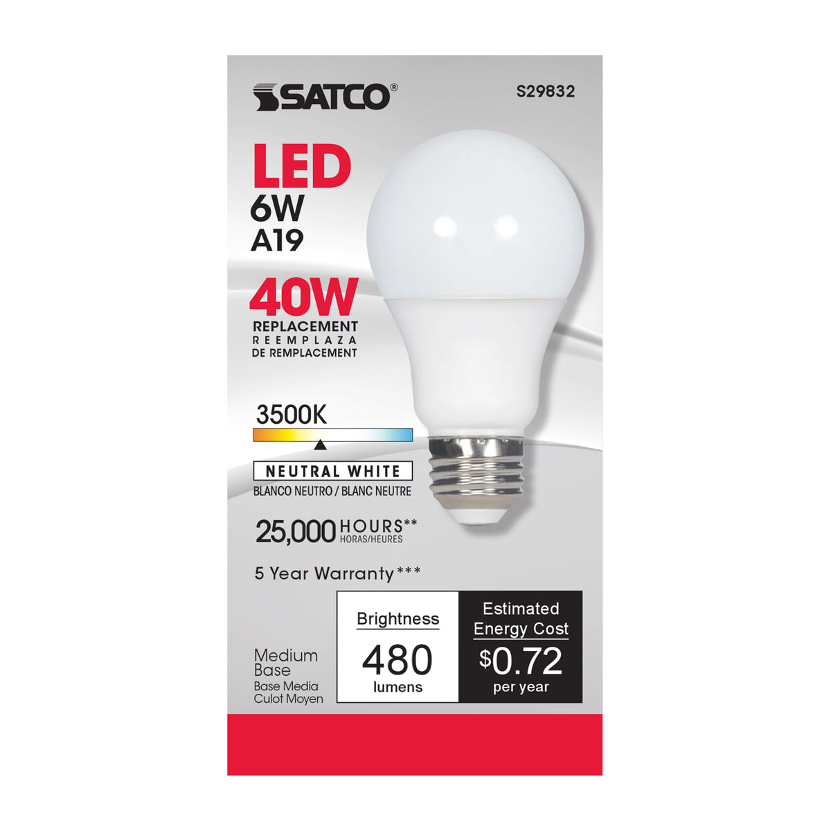 6 Watt - A19 LED - 3500K - Medium base - 220 deg. Beam Angle - 120 Volt