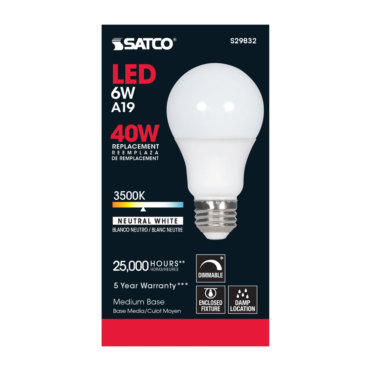 6 Watt - A19 LED - 3500K - Medium base - 220 deg. Beam Angle - 120 Volt
