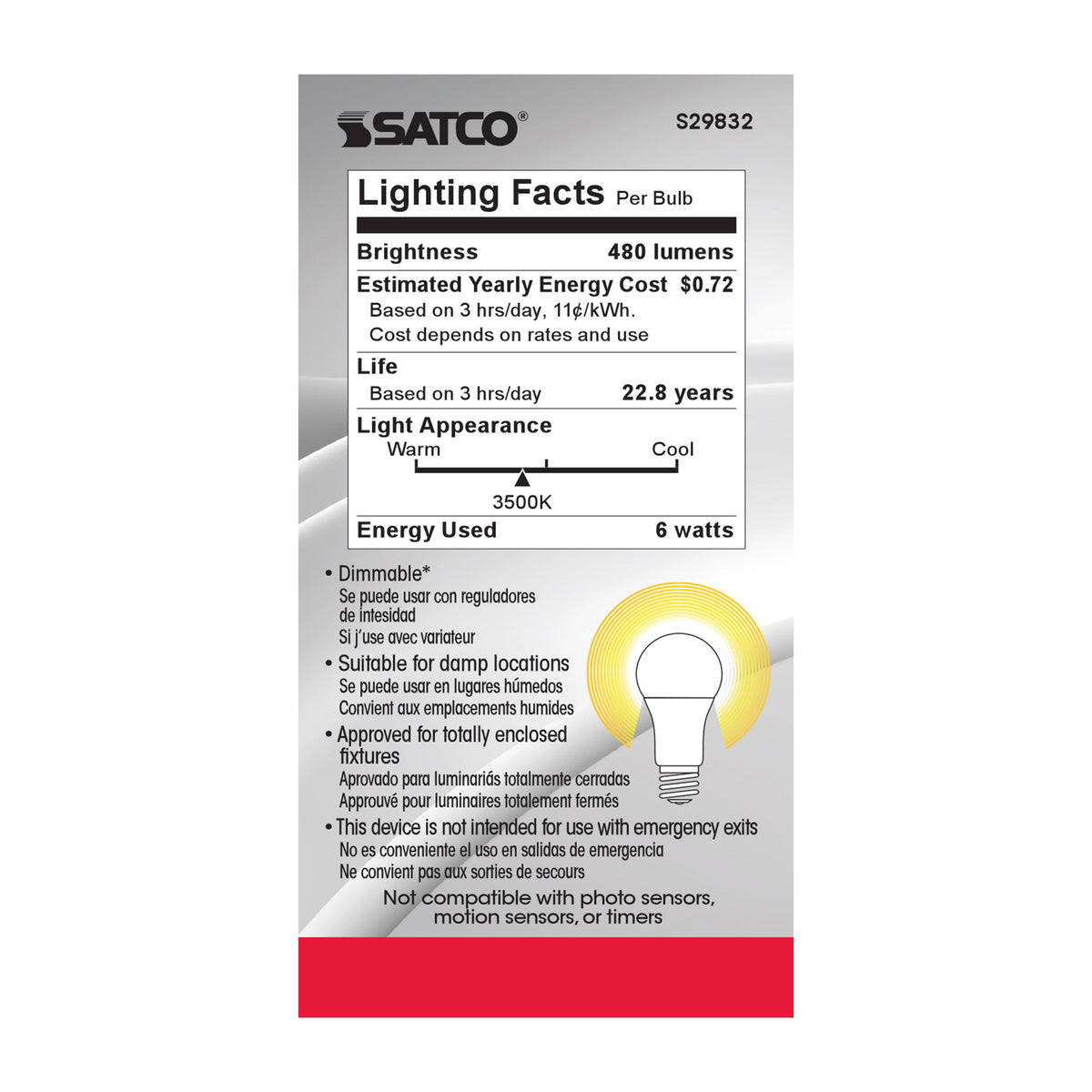 6 Watt - A19 LED - 3500K - Medium base - 220 deg. Beam Angle - 120 Volt