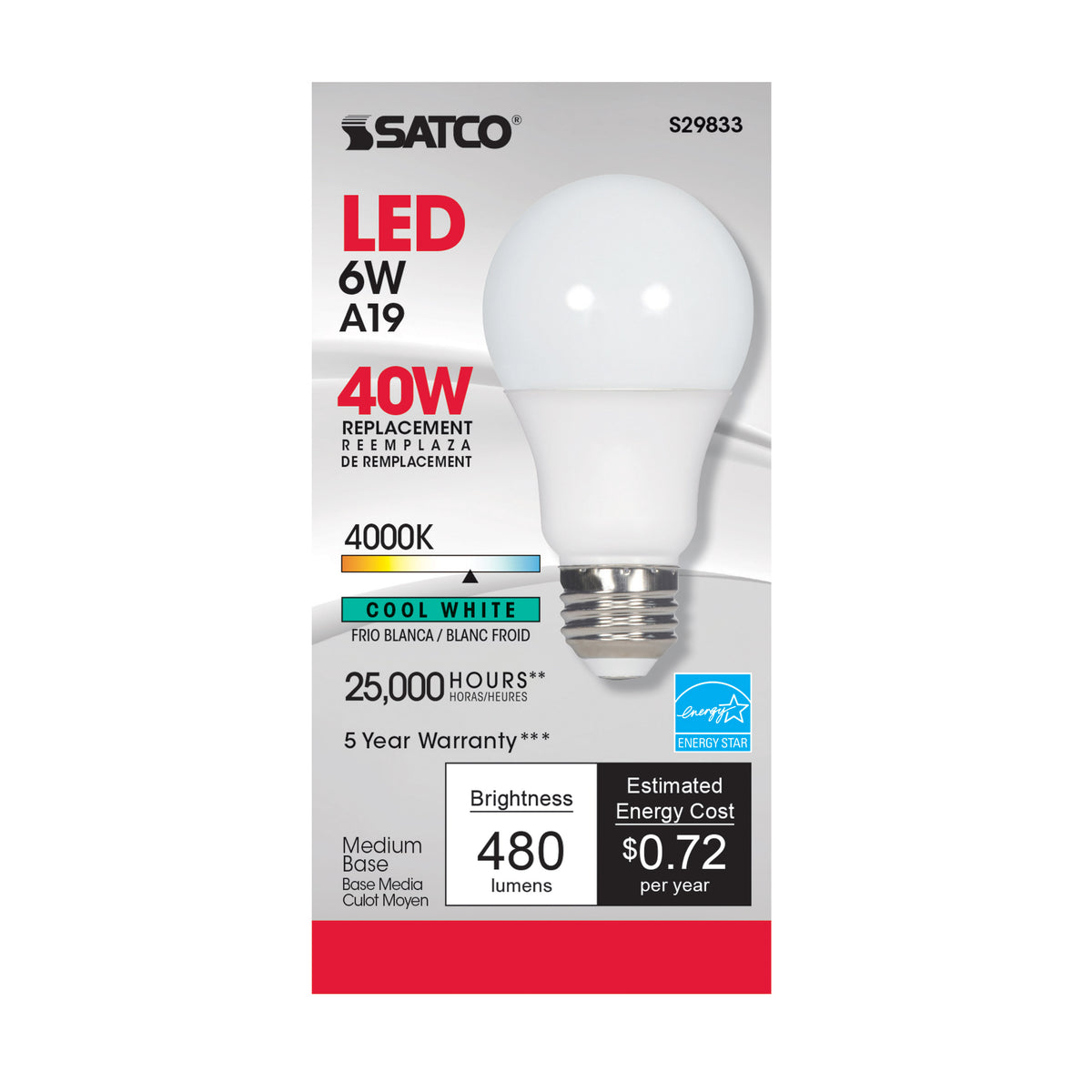 6 Watt - A19 LED - 4000K - Medium base - 220 deg. Beam Angle - 120 Volt