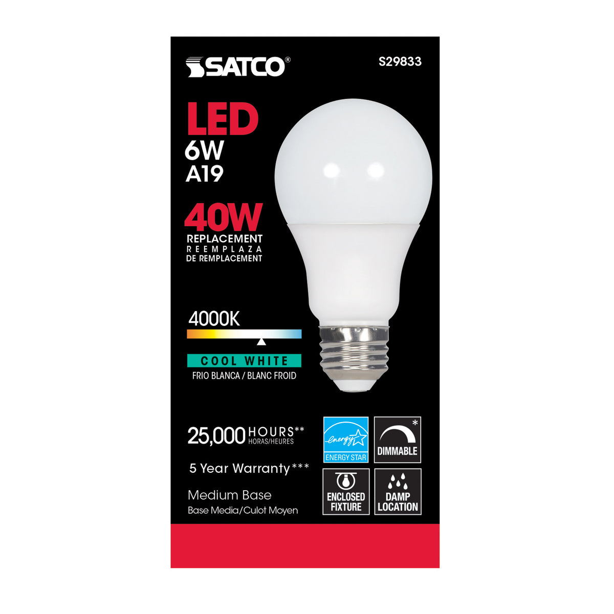6 Watt - A19 LED - 4000K - Medium base - 220 deg. Beam Angle - 120 Volt