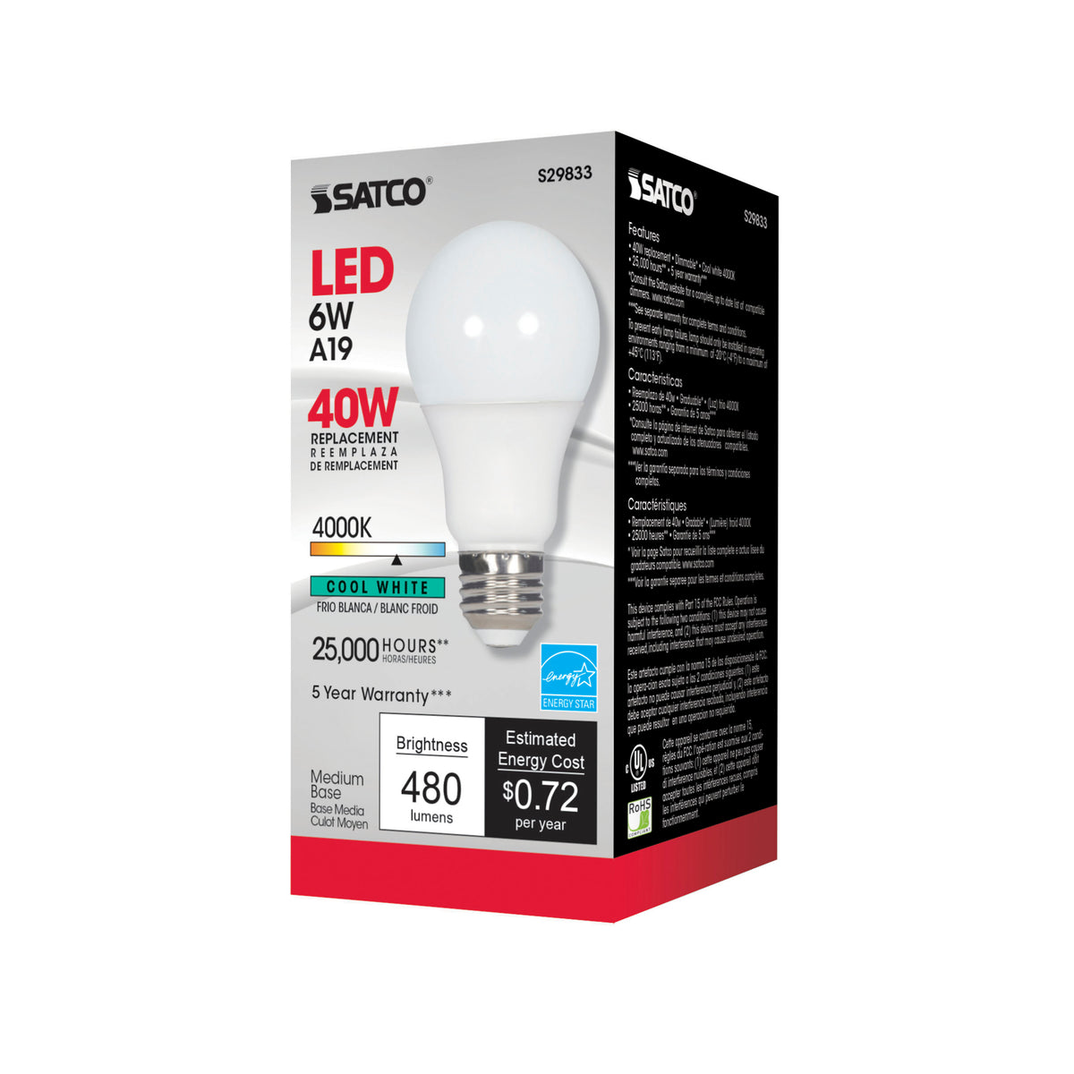 6 Watt - A19 LED - 4000K - Medium base - 220 deg. Beam Angle - 120 Volt