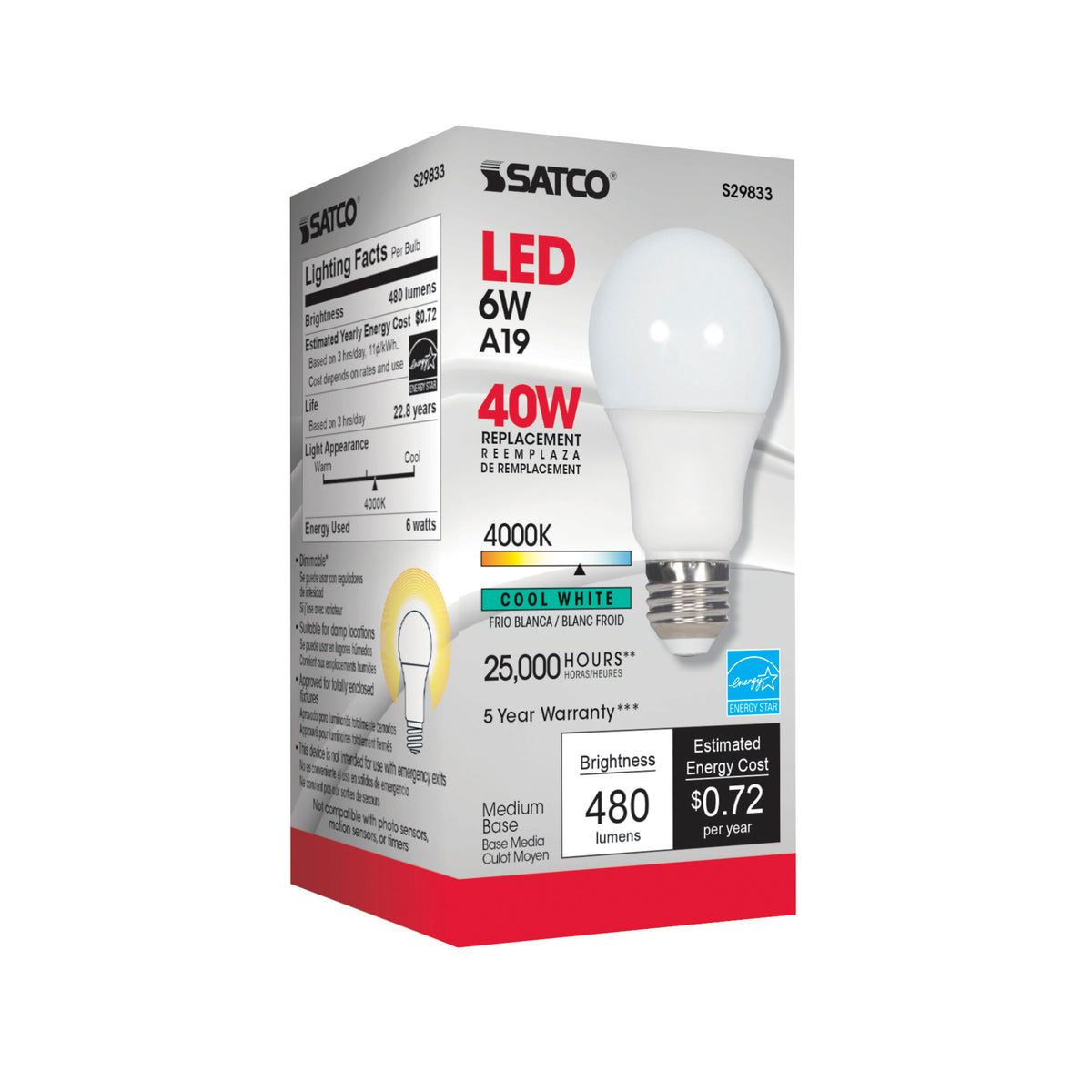 6 Watt - A19 LED - 4000K - Medium base - 220 deg. Beam Angle - 120 Volt