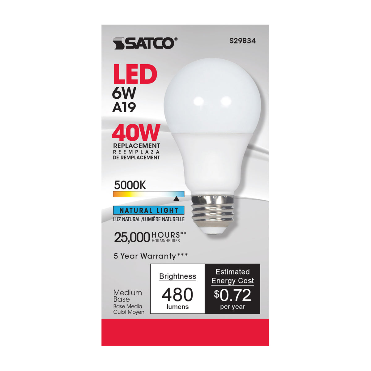 6 Watt - A19 LED - 5000K - Medium base - 220 deg. Beam Angle - 120 Volt