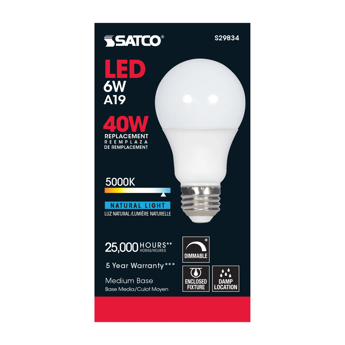 6 Watt - A19 LED - 5000K - Medium base - 220 deg. Beam Angle - 120 Volt