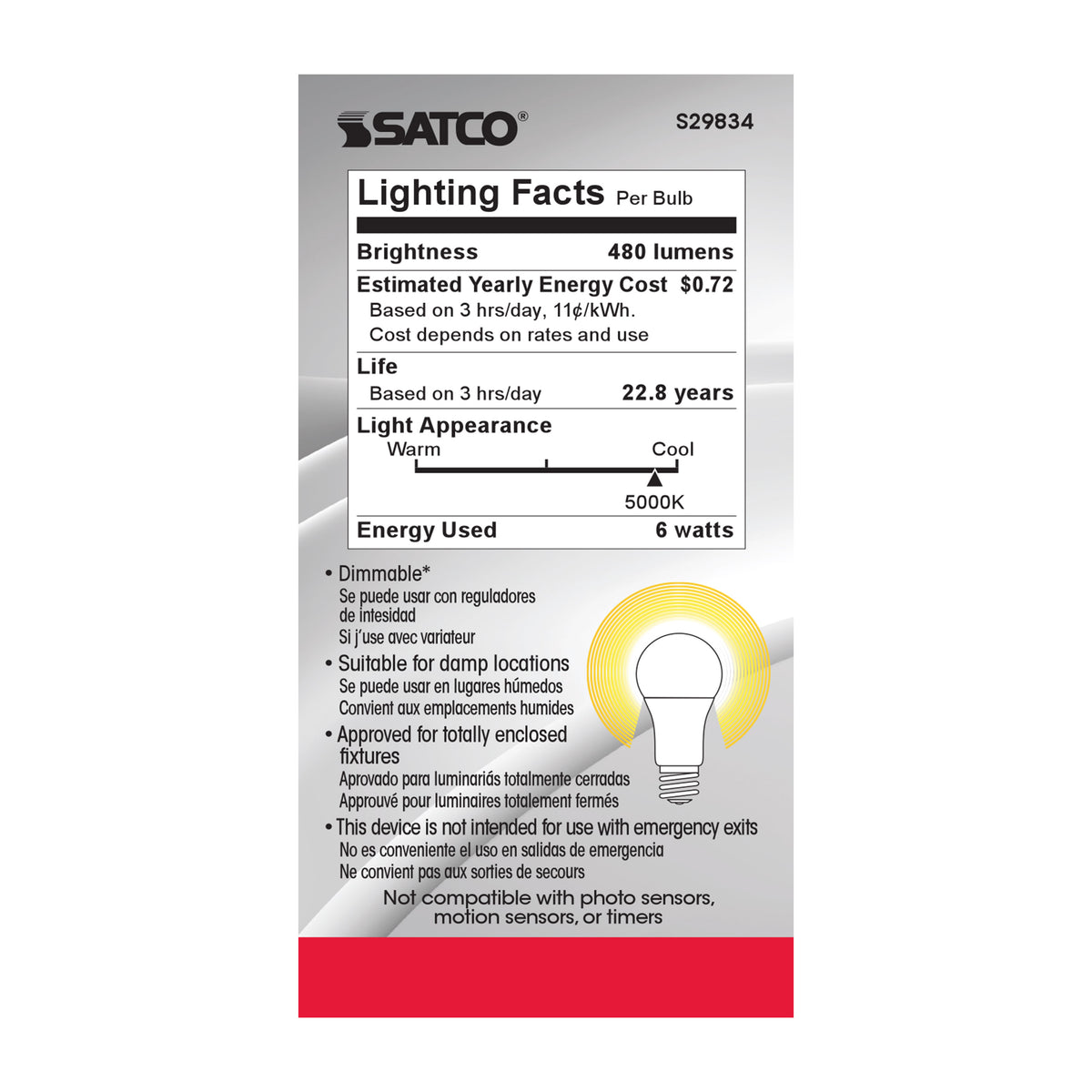 6 Watt - A19 LED - 5000K - Medium base - 220 deg. Beam Angle - 120 Volt