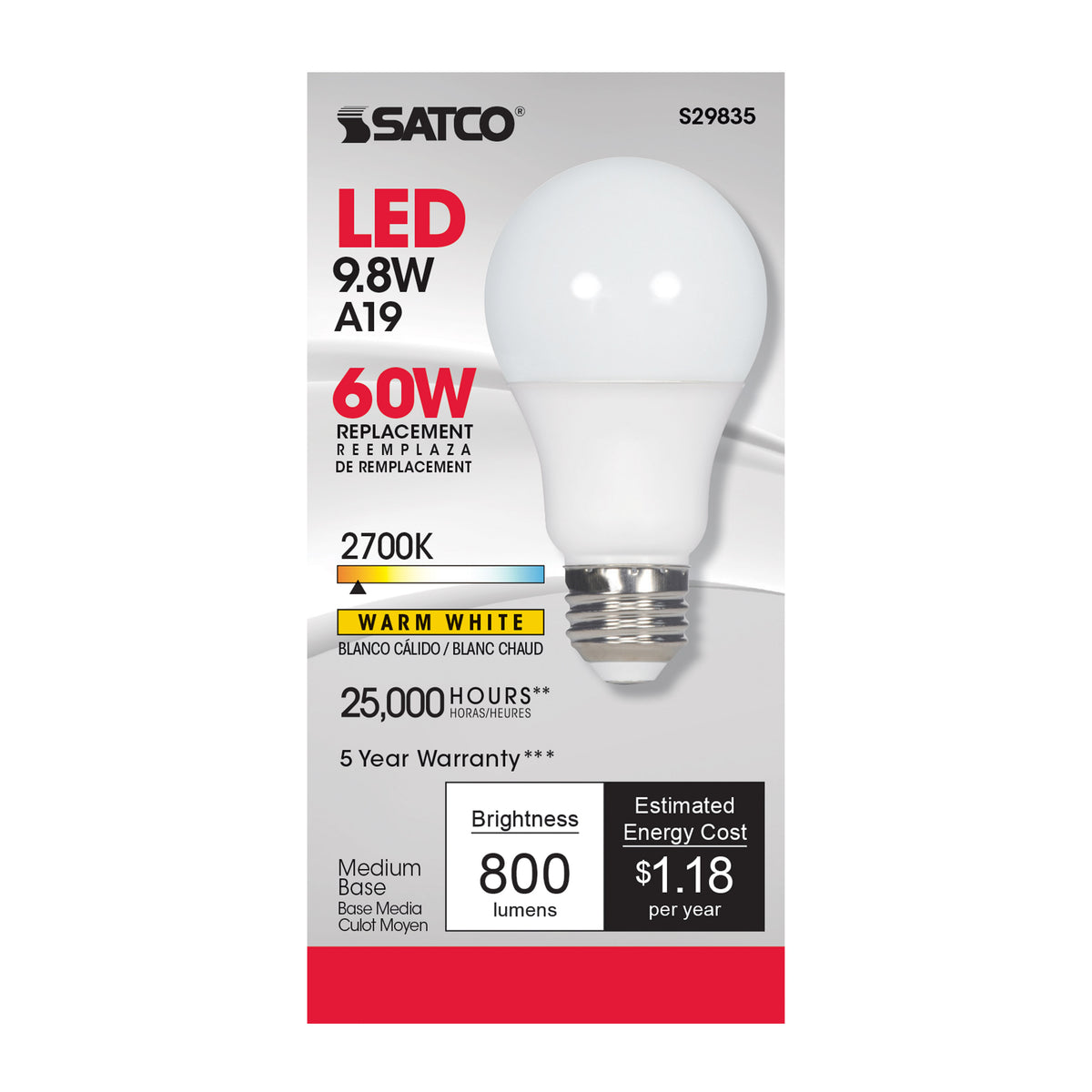 9.8 Watt - A19 LED - 2700K - Medium base - 220 deg. Beam Angle - 120 Volt