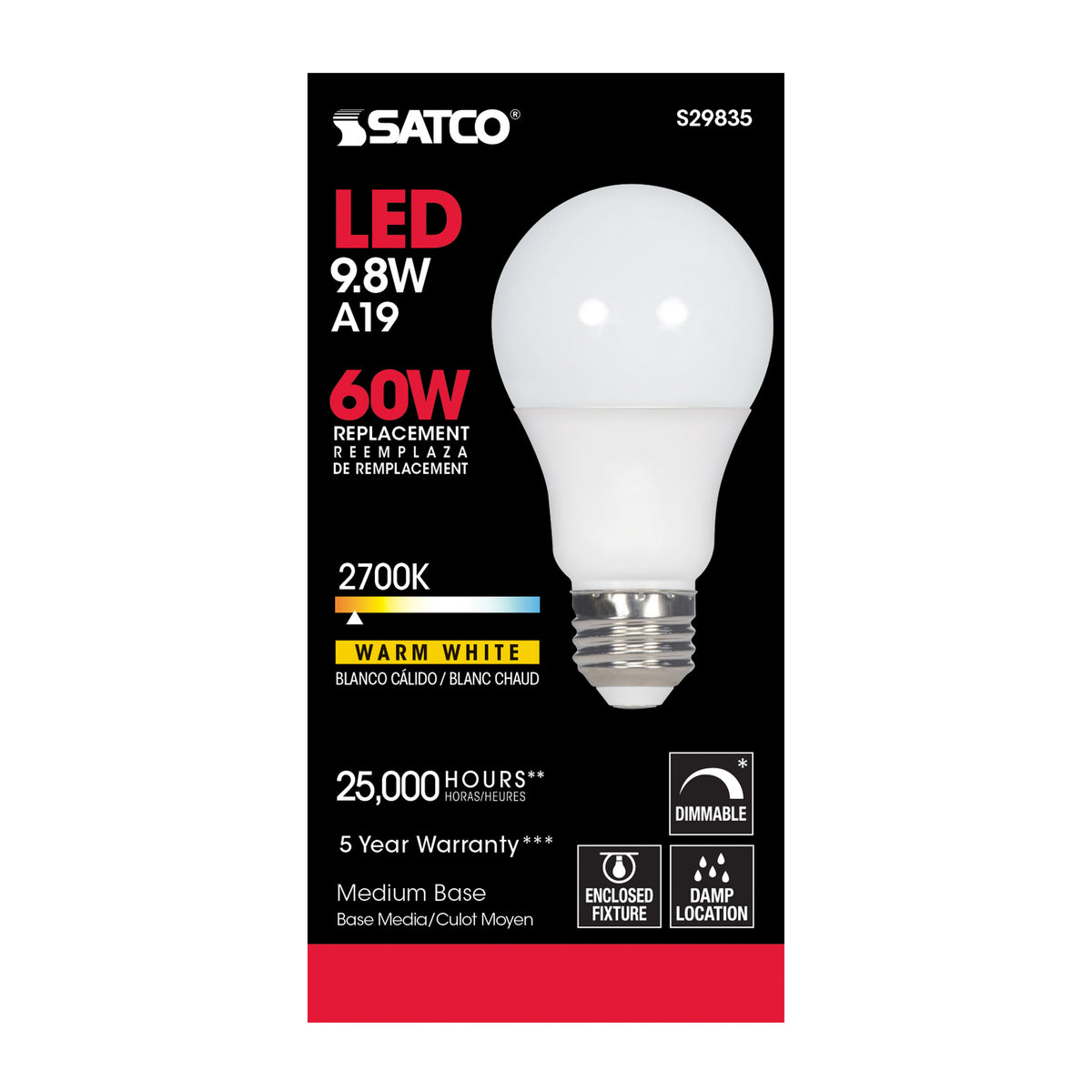 9.8 Watt - A19 LED - 2700K - Medium base - 220 deg. Beam Angle - 120 Volt