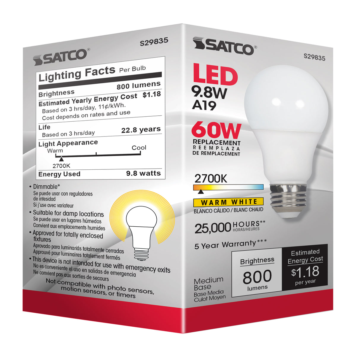9.8 Watt - A19 LED - 2700K - Medium base - 220 deg. Beam Angle - 120 Volt
