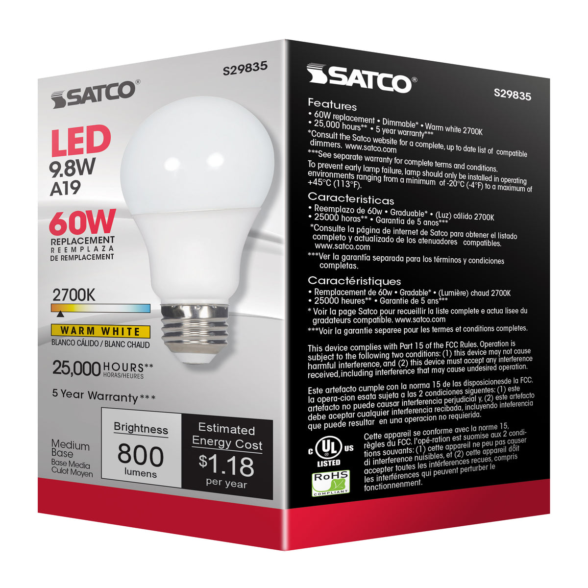 9.8 Watt - A19 LED - 2700K - Medium base - 220 deg. Beam Angle - 120 Volt