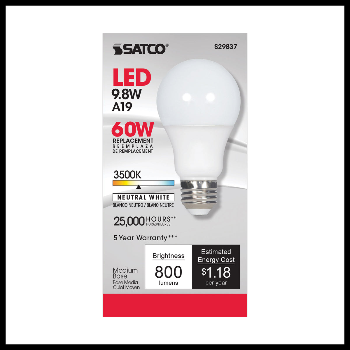 9.8 Watt - A19 LED - 3500K - Medium base - 220 deg. Beam Angle - 120 Volt