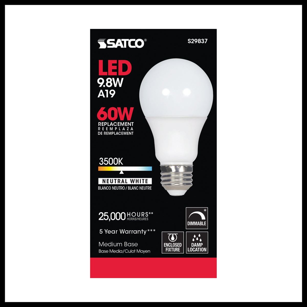 9.8 Watt - A19 LED - 3500K - Medium base - 220 deg. Beam Angle - 120 Volt