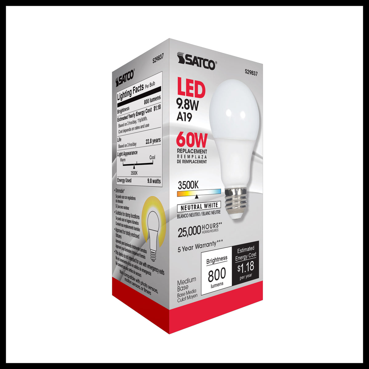 9.8 Watt - A19 LED - 3500K - Medium base - 220 deg. Beam Angle - 120 Volt