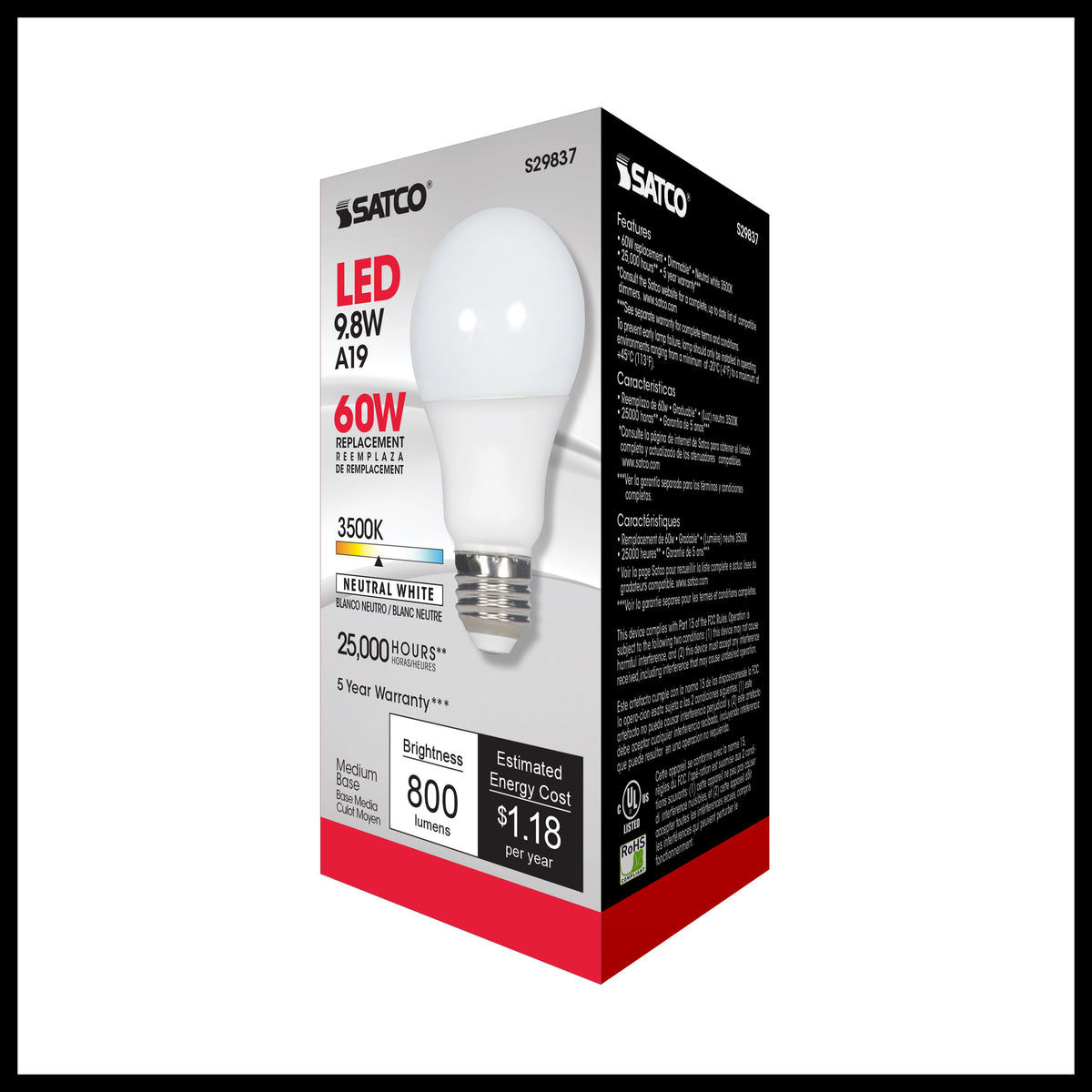 9.8 Watt - A19 LED - 3500K - Medium base - 220 deg. Beam Angle - 120 Volt