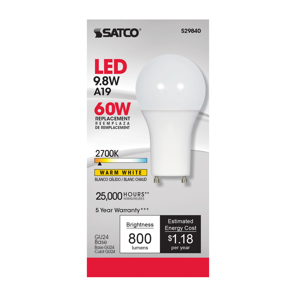 9.8 Watt - A19 LED - 2700K - GU24 base - 220 deg. Beam Angle - 120 Volt