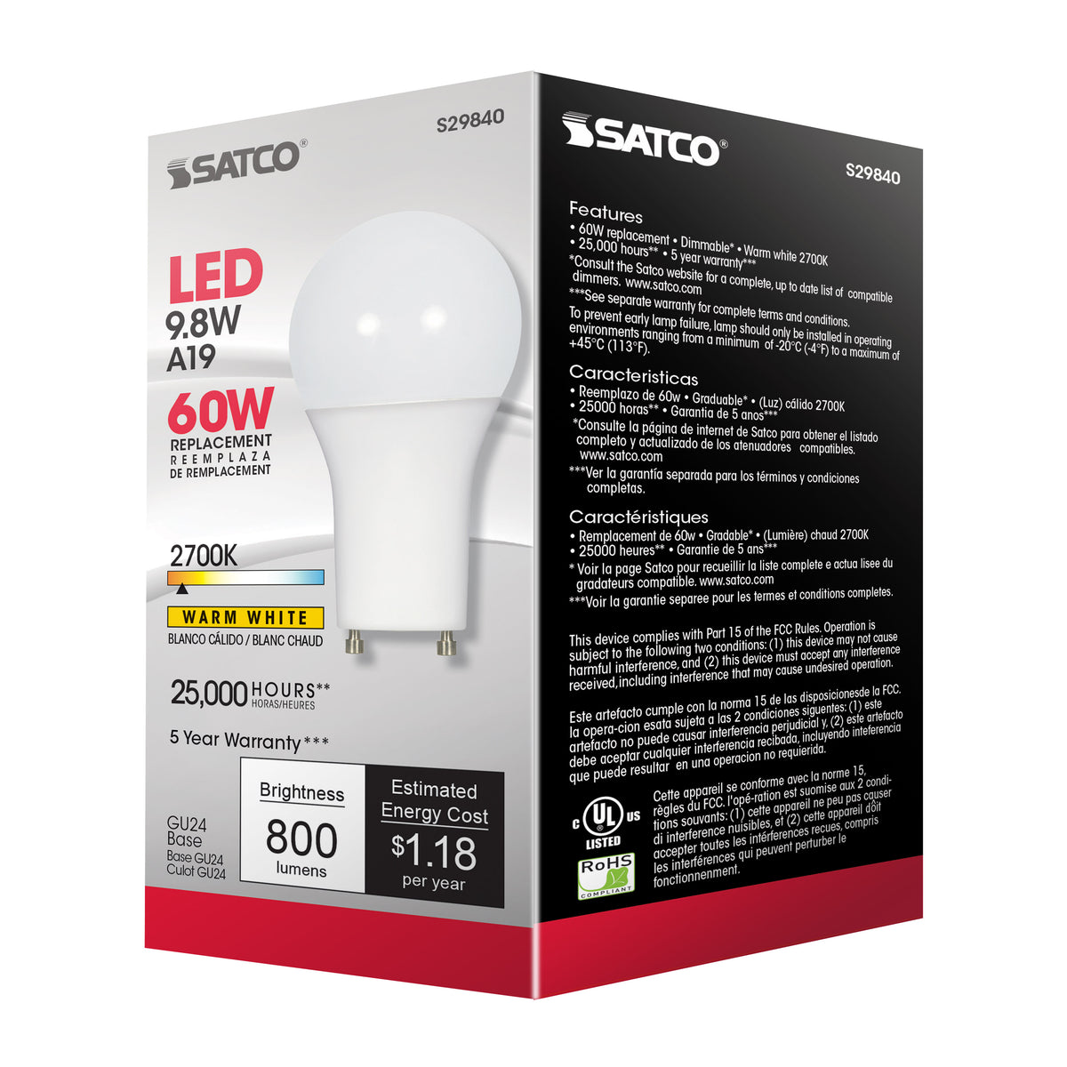 9.8 Watt - A19 LED - 2700K - GU24 base - 220 deg. Beam Angle - 120 Volt