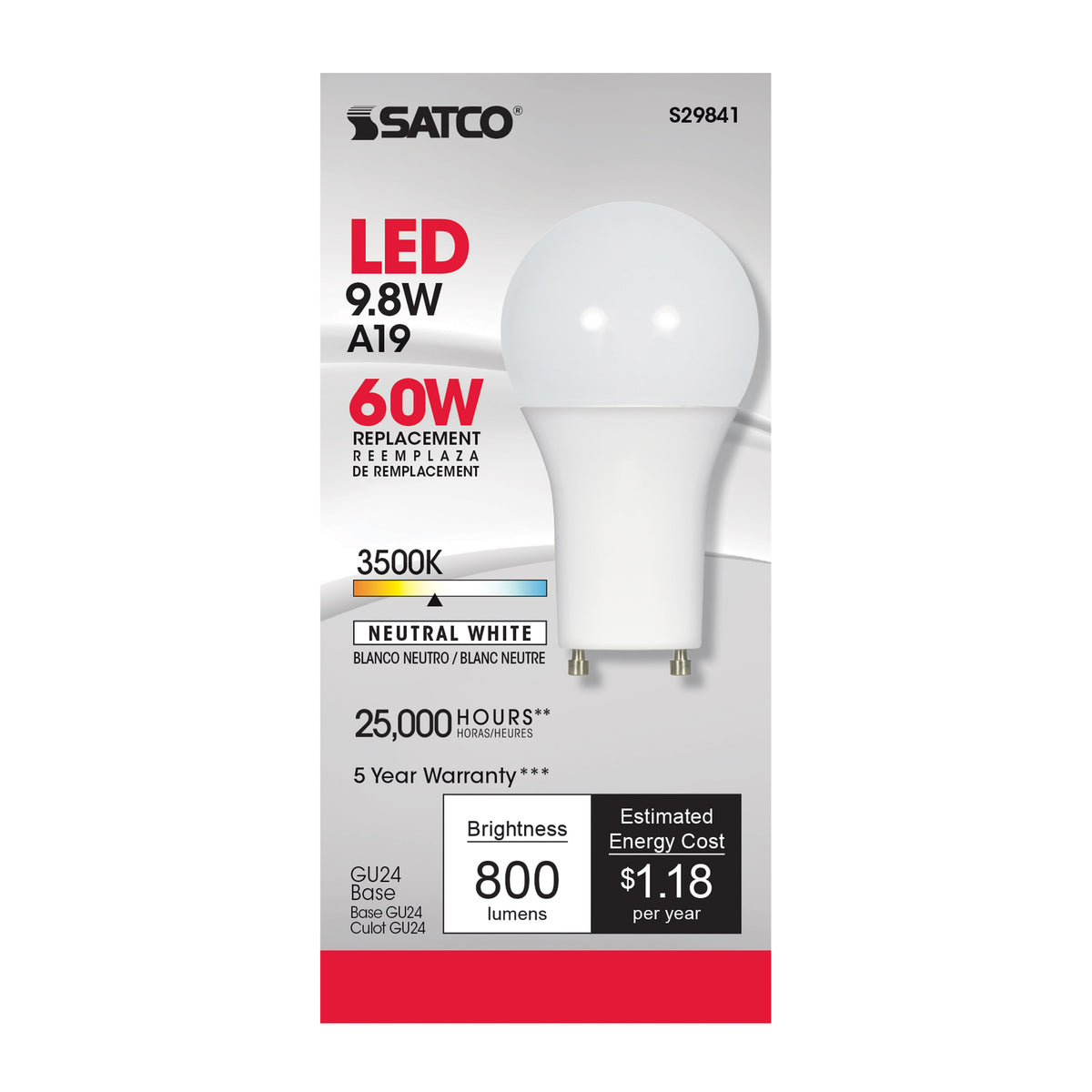 9.8 Watt - A19 LED - 3500K - GU24 base - 220 deg. Beam Angle - 120 Volt