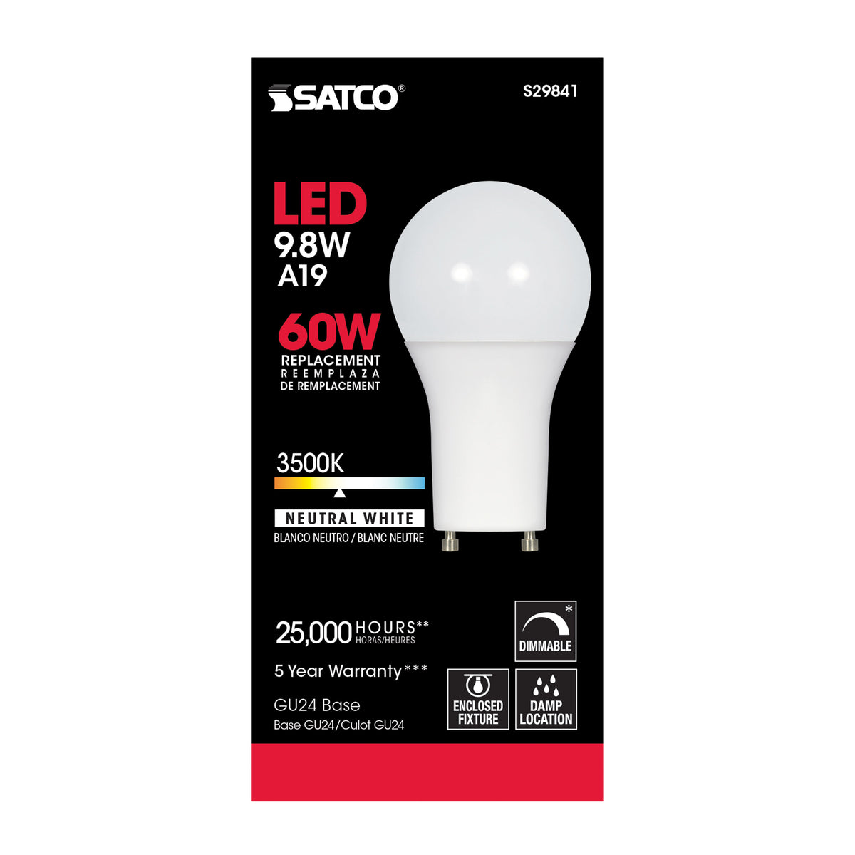 9.8 Watt - A19 LED - 3500K - GU24 base - 220 deg. Beam Angle - 120 Volt