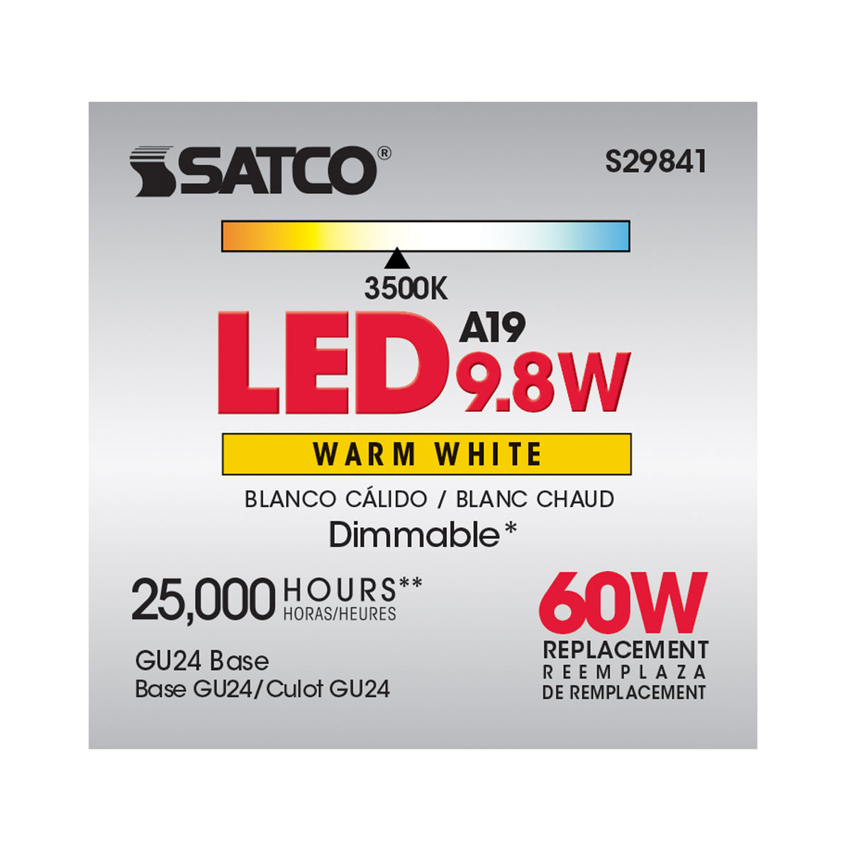 9.8 Watt - A19 LED - 3500K - GU24 base - 220 deg. Beam Angle - 120 Volt