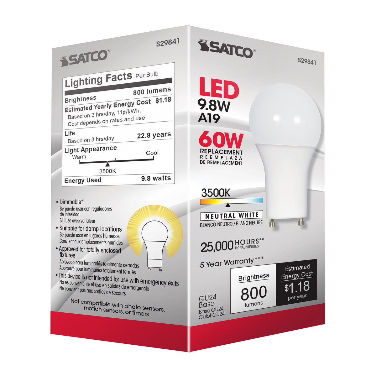 9.8 Watt - A19 LED - 3500K - GU24 base - 220 deg. Beam Angle - 120 Volt