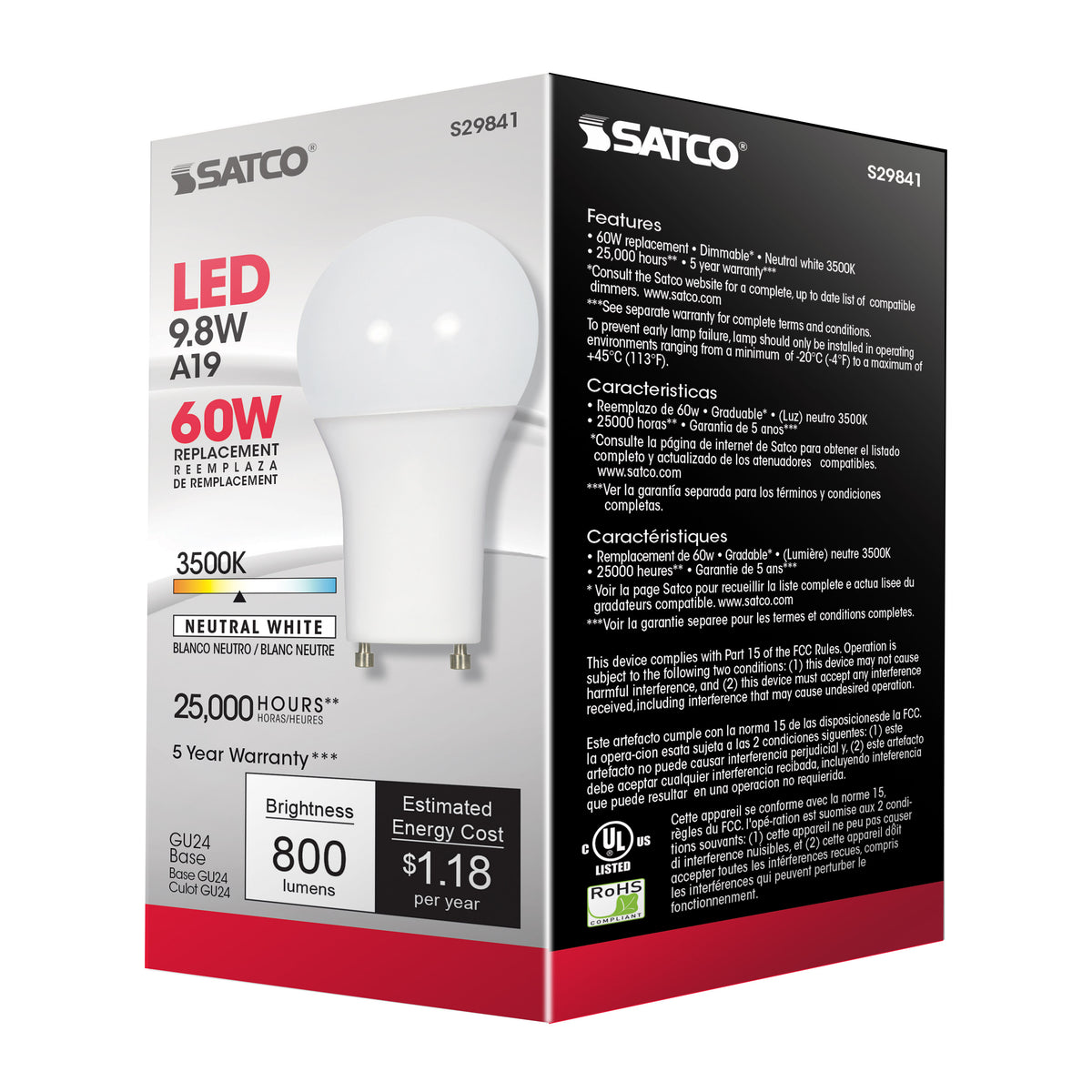 9.8 Watt - A19 LED - 3500K - GU24 base - 220 deg. Beam Angle - 120 Volt