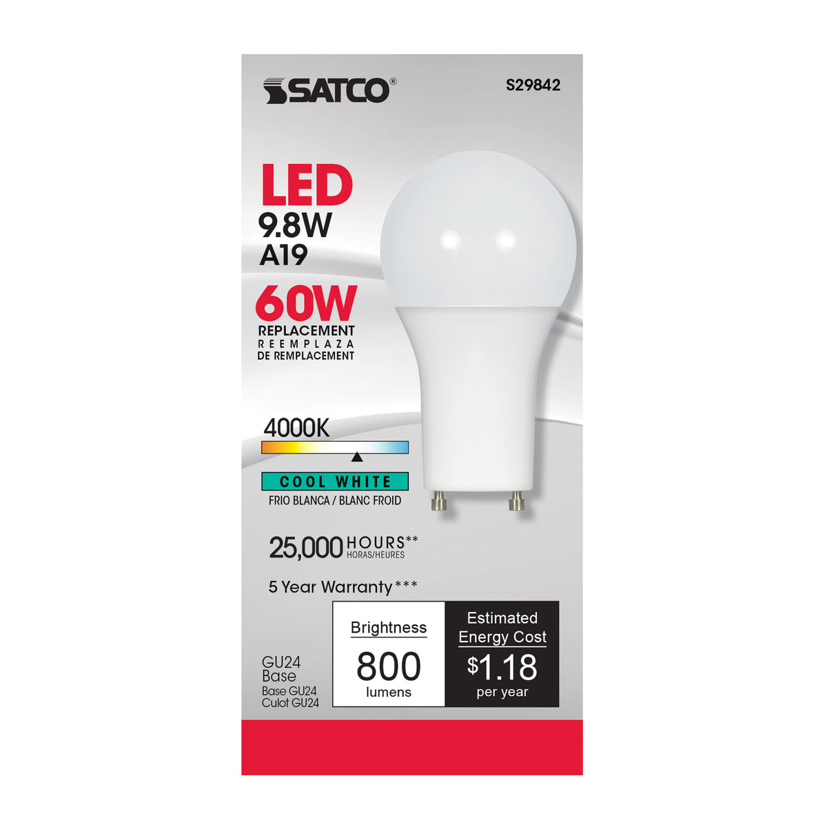 9.8 Watt - A19 LED - 4000K - GU24 base - 220 deg. Beam Angle - 120 Volt