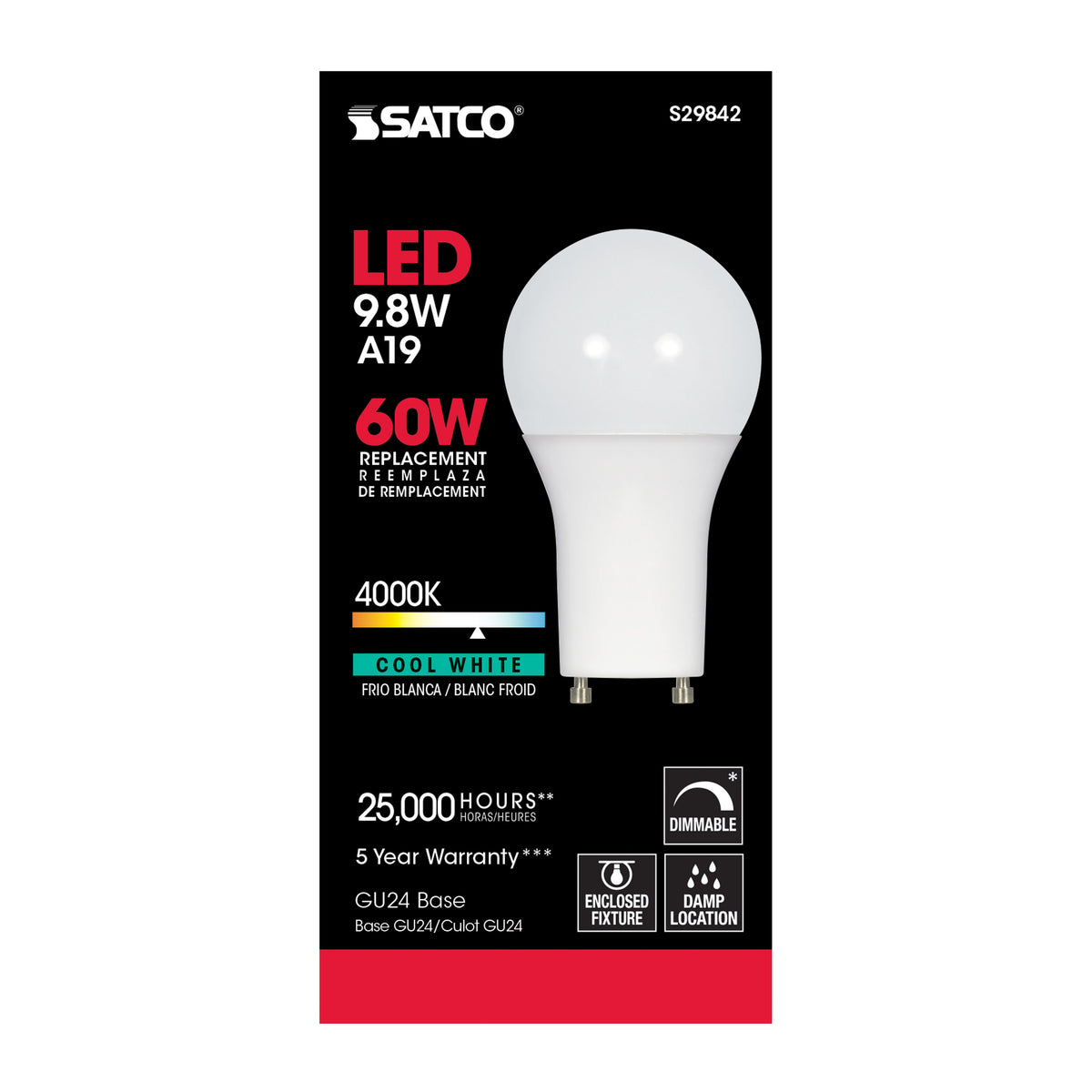9.8 Watt - A19 LED - 4000K - GU24 base - 220 deg. Beam Angle - 120 Volt