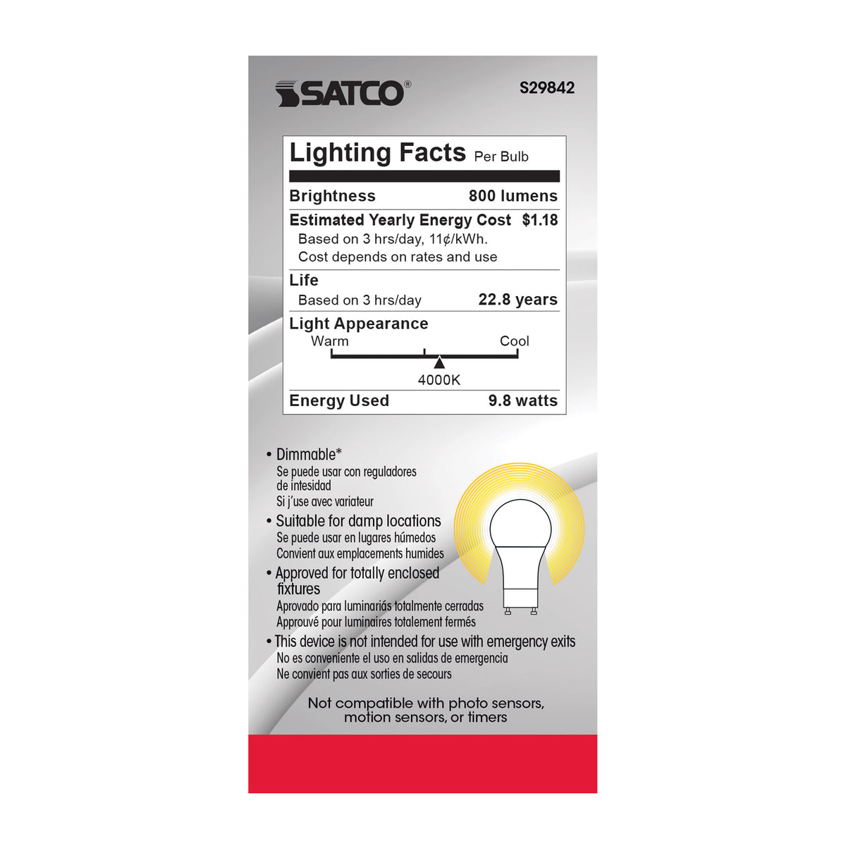 9.8 Watt - A19 LED - 4000K - GU24 base - 220 deg. Beam Angle - 120 Volt