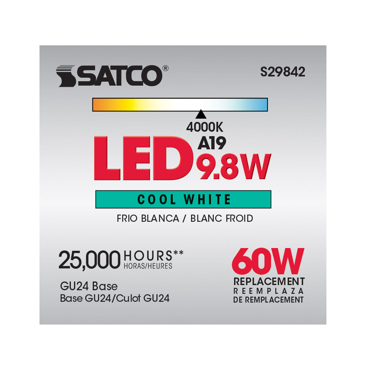 9.8 Watt - A19 LED - 4000K - GU24 base - 220 deg. Beam Angle - 120 Volt