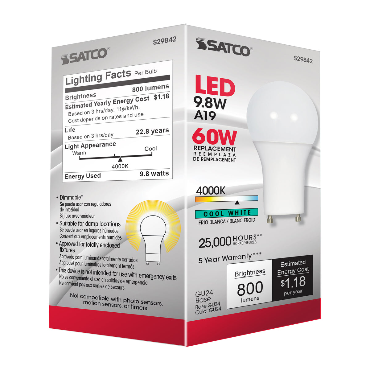 9.8 Watt - A19 LED - 4000K - GU24 base - 220 deg. Beam Angle - 120 Volt
