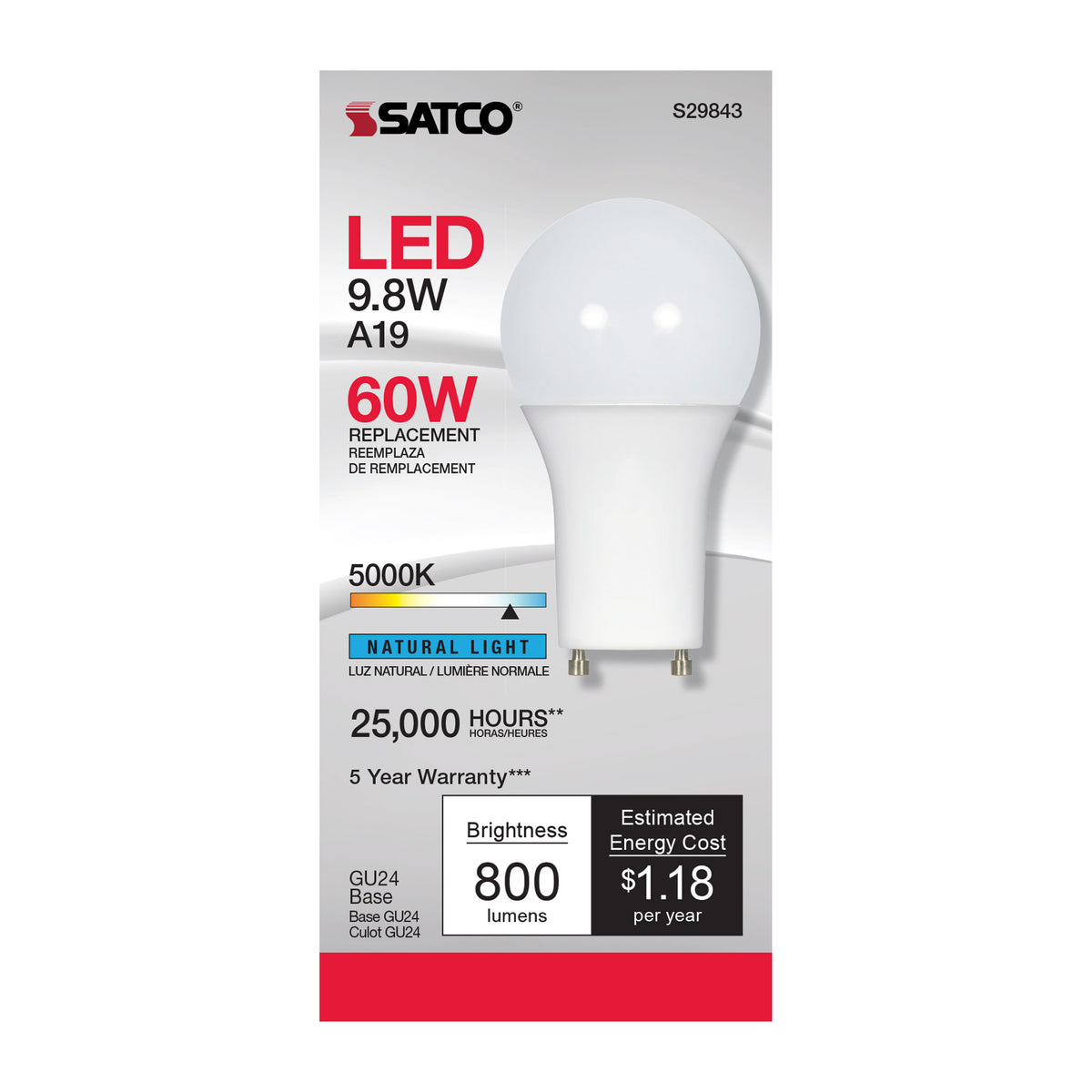 9.8 Watt - A19 LED - 5000K - GU24 base - 220 deg. Beam Angle - 120 Volt