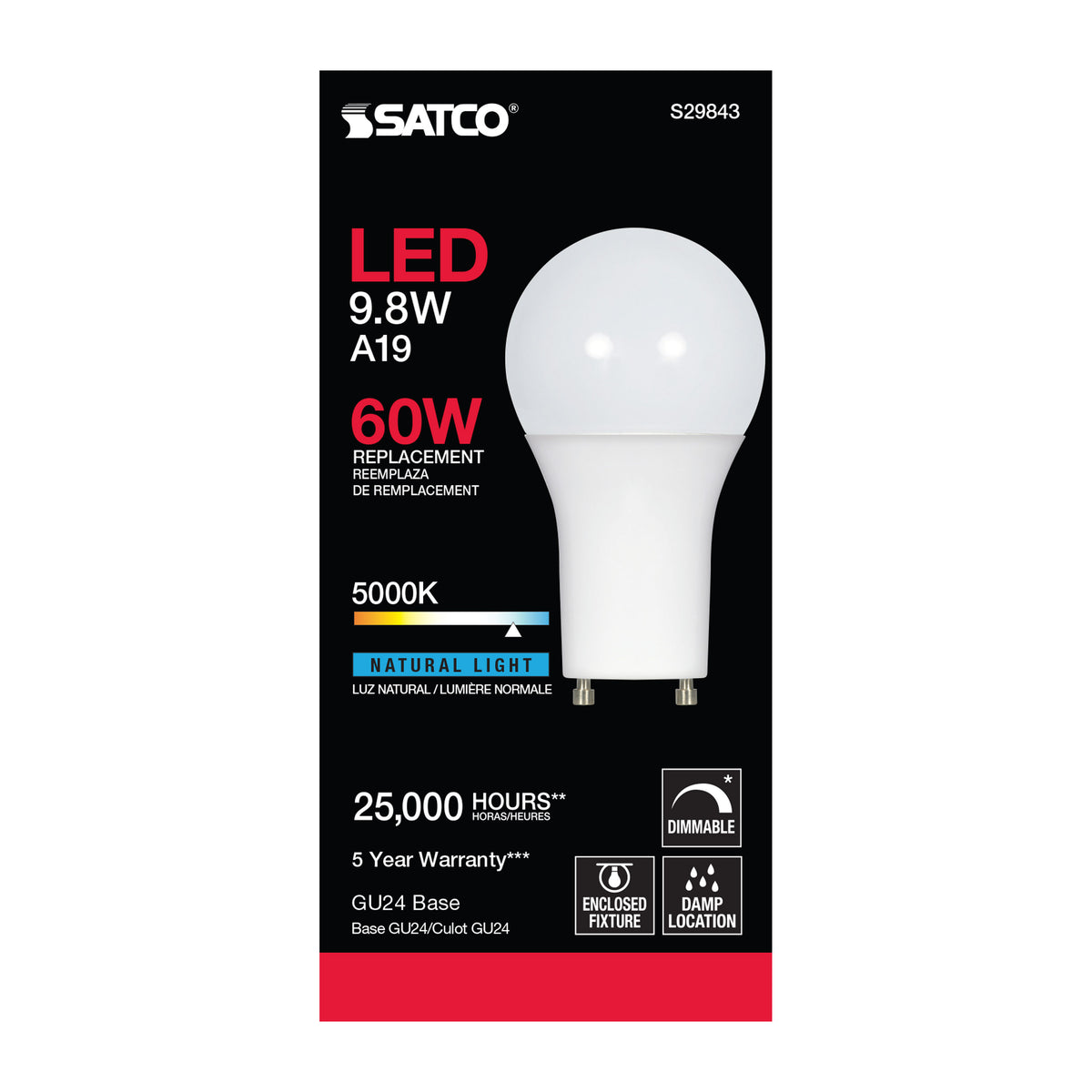 9.8 Watt - A19 LED - 5000K - GU24 base - 220 deg. Beam Angle - 120 Volt