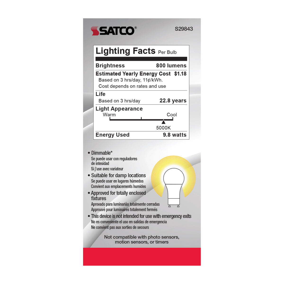 9.8 Watt - A19 LED - 5000K - GU24 base - 220 deg. Beam Angle - 120 Volt