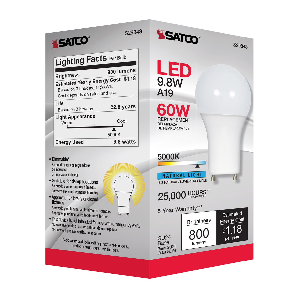 9.8 Watt - A19 LED - 5000K - GU24 base - 220 deg. Beam Angle - 120 Volt