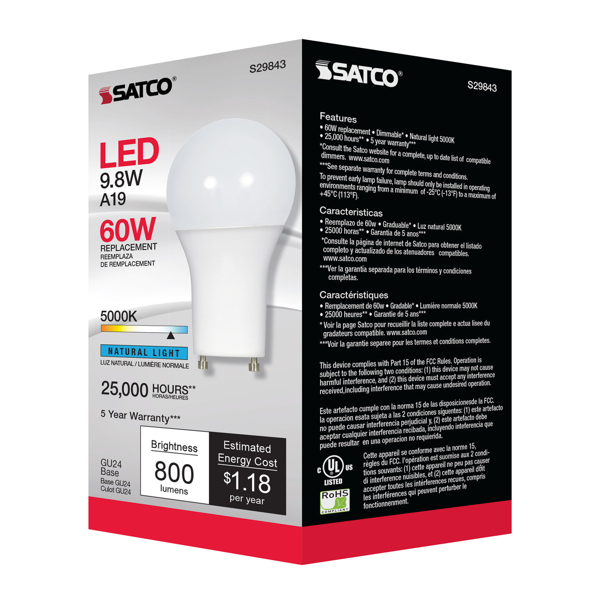 9.8 Watt - A19 LED - 5000K - GU24 base - 220 deg. Beam Angle - 120 Volt