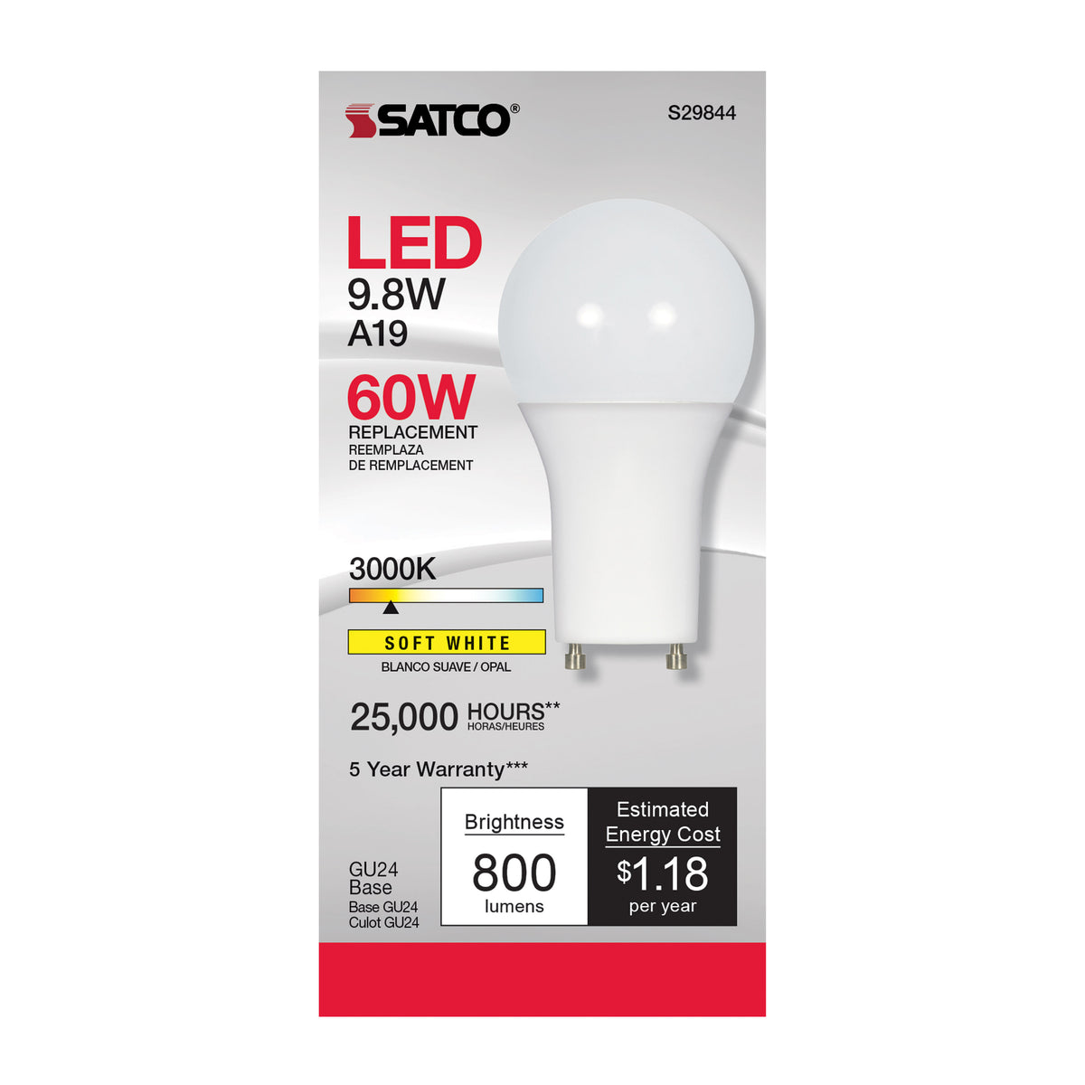 9.8 Watt - A19 LED - 3000K - GU24 base - 220 deg. Beam Angle - 120 Volt