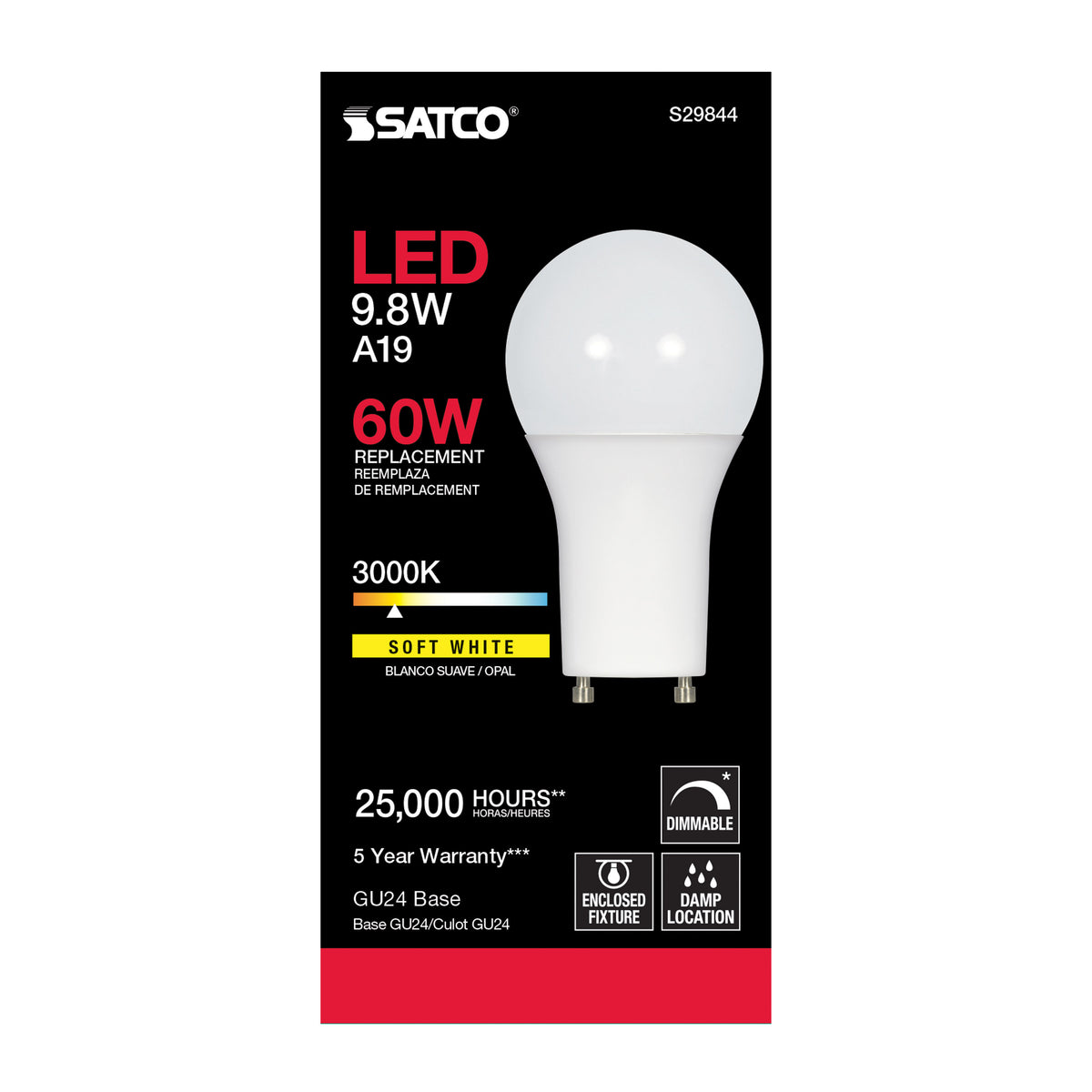 9.8 Watt - A19 LED - 3000K - GU24 base - 220 deg. Beam Angle - 120 Volt