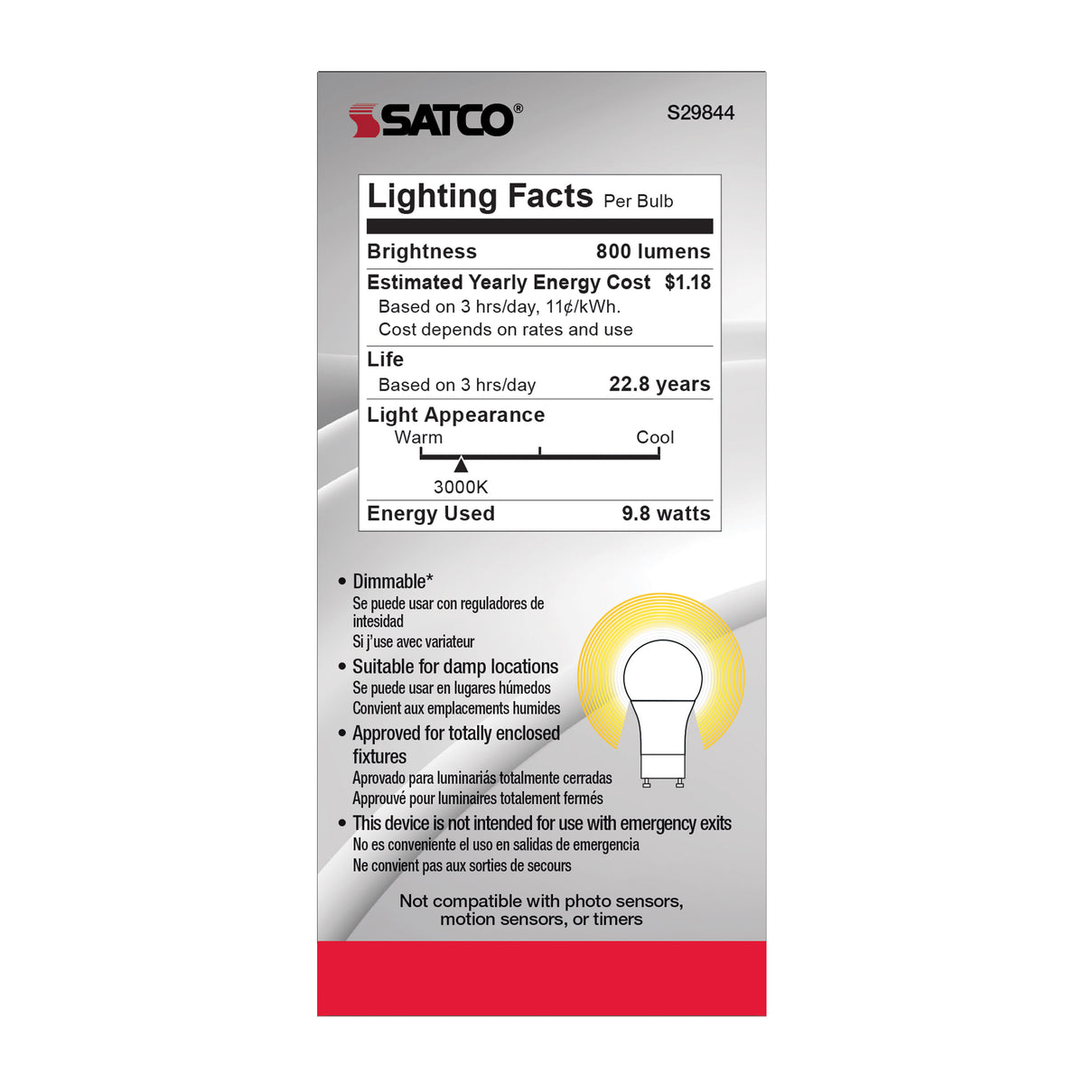 9.8 Watt - A19 LED - 3000K - GU24 base - 220 deg. Beam Angle - 120 Volt