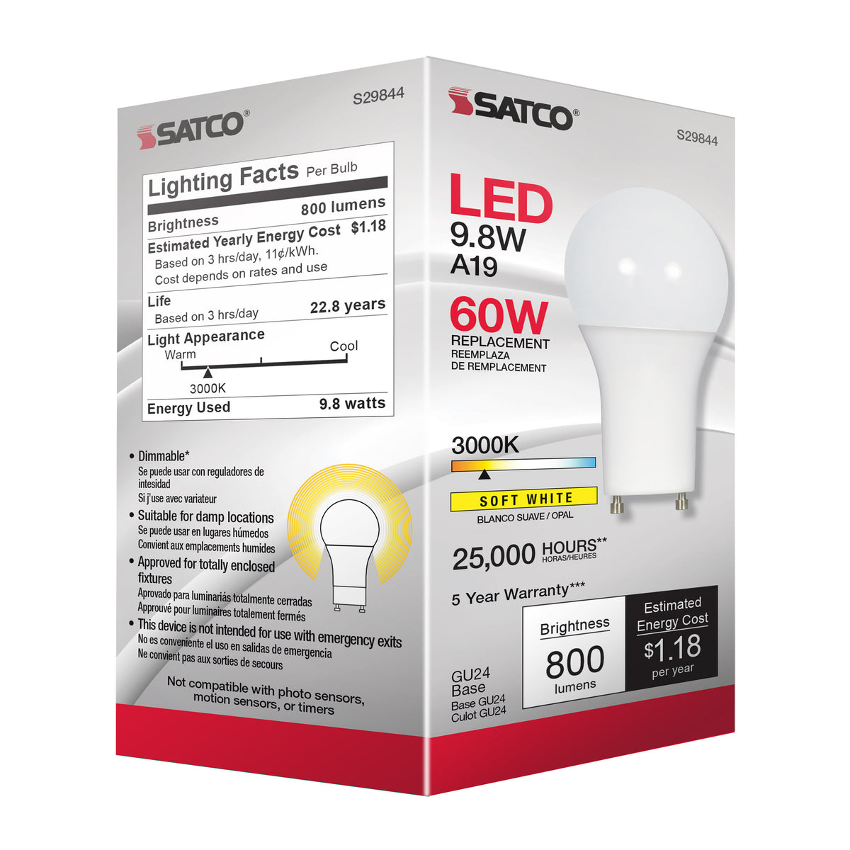 9.8 Watt - A19 LED - 3000K - GU24 base - 220 deg. Beam Angle - 120 Volt