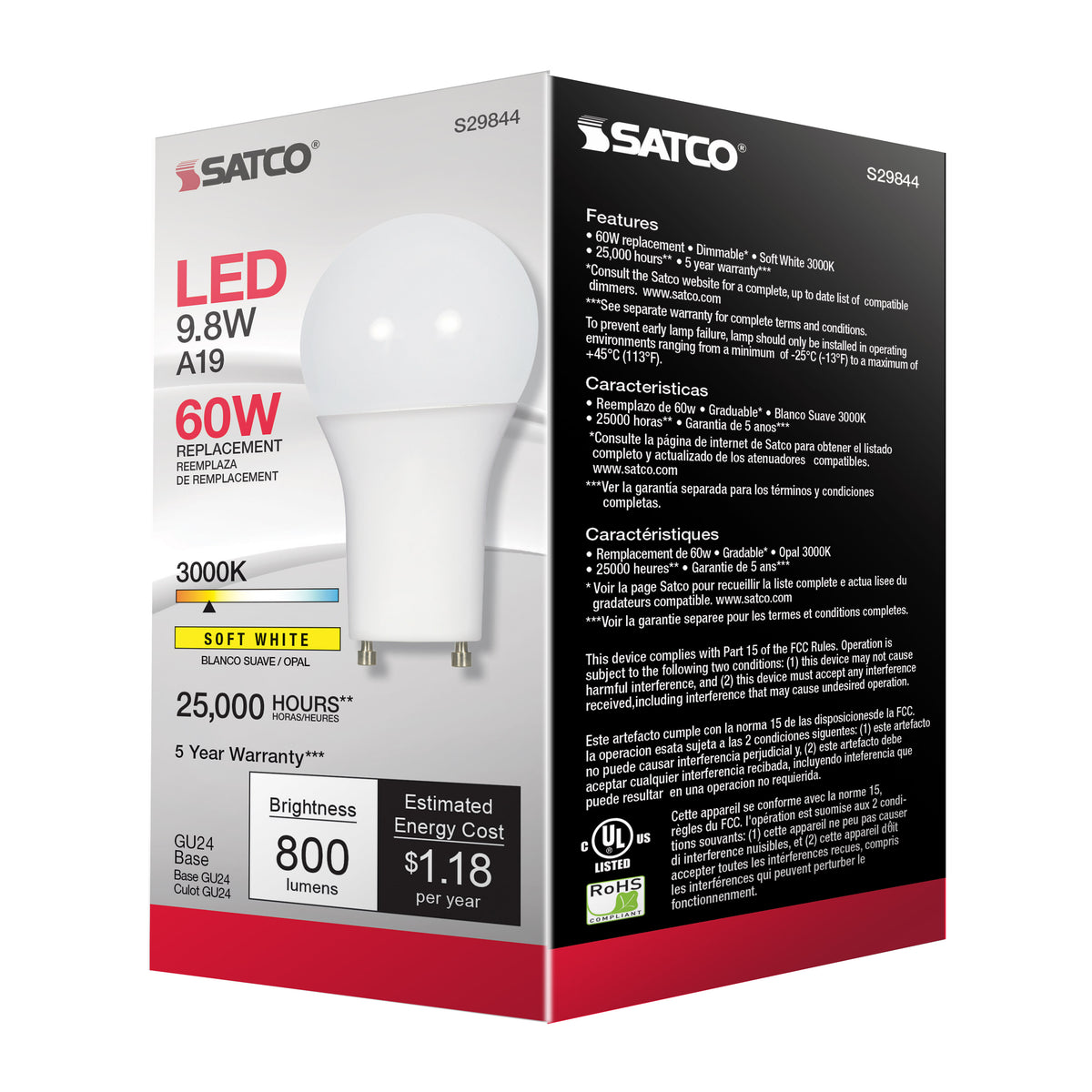 9.8 Watt - A19 LED - 3000K - GU24 base - 220 deg. Beam Angle - 120 Volt