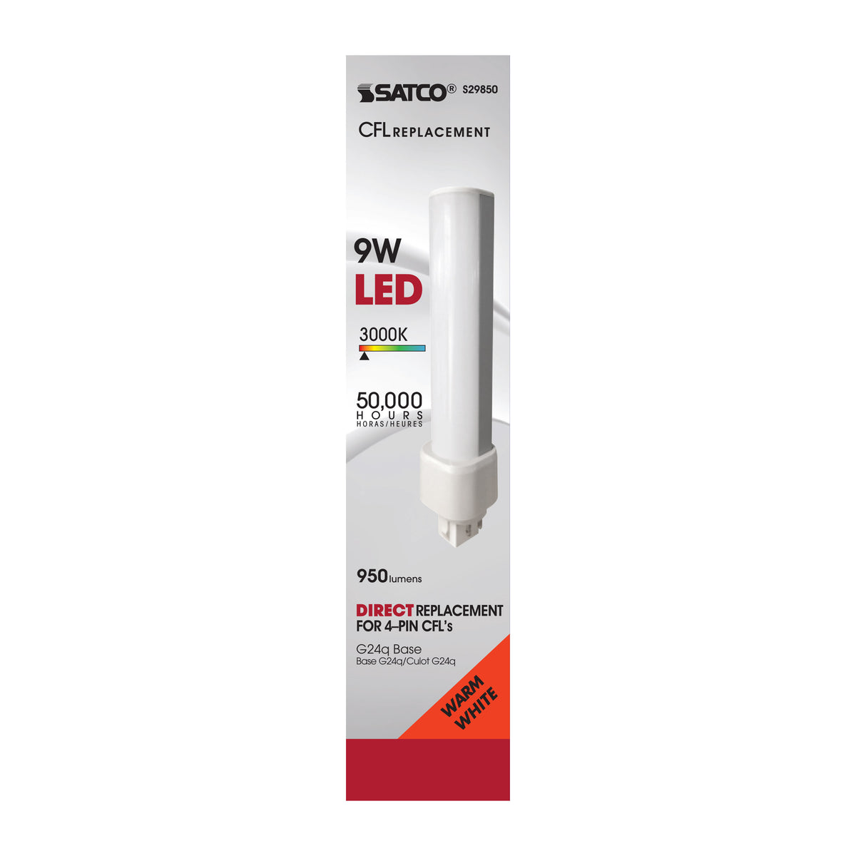 9 Watt LED PL 4-Pin - 3000K - 1050 Lumens - G24q base - 50000 Average rated hours - 120 Deg. Beam Angle - Type A - Ballast dependent