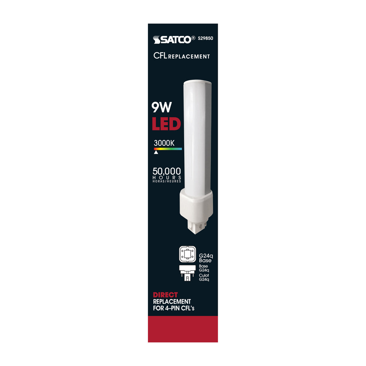 9 Watt LED PL 4-Pin - 3000K - 1050 Lumens - G24q base - 50000 Average rated hours - 120 Deg. Beam Angle - Type A - Ballast dependent