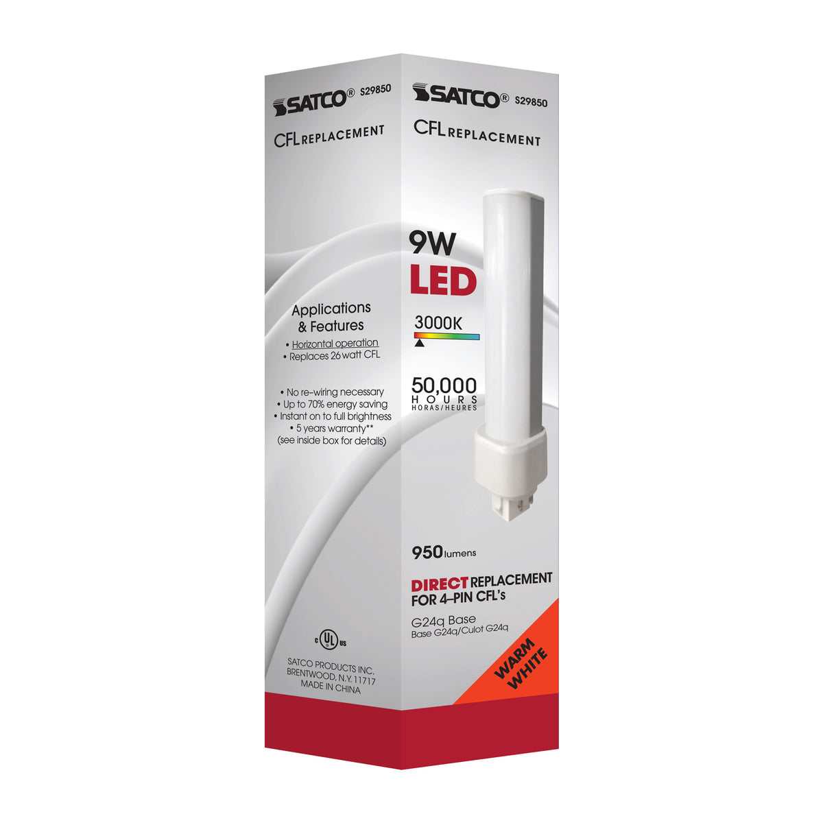 9 Watt LED PL 4-Pin - 3000K - 1050 Lumens - G24q base - 50000 Average rated hours - 120 Deg. Beam Angle - Type A - Ballast dependent