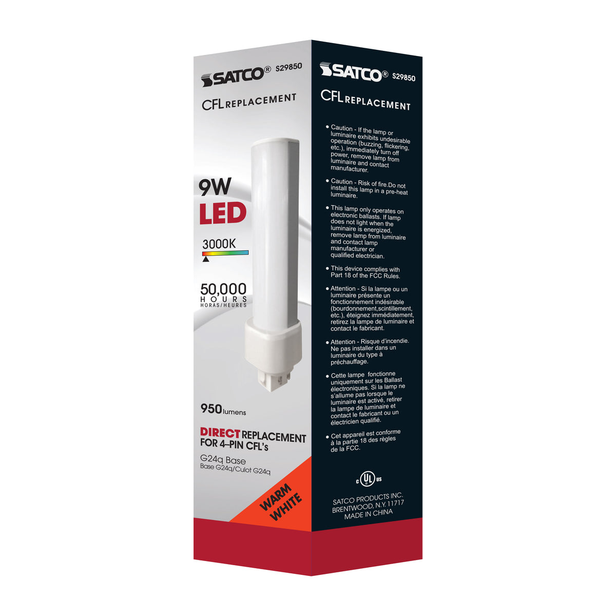 9 Watt LED PL 4-Pin - 3000K - 1050 Lumens - G24q base - 50000 Average rated hours - 120 Deg. Beam Angle - Type A - Ballast dependent