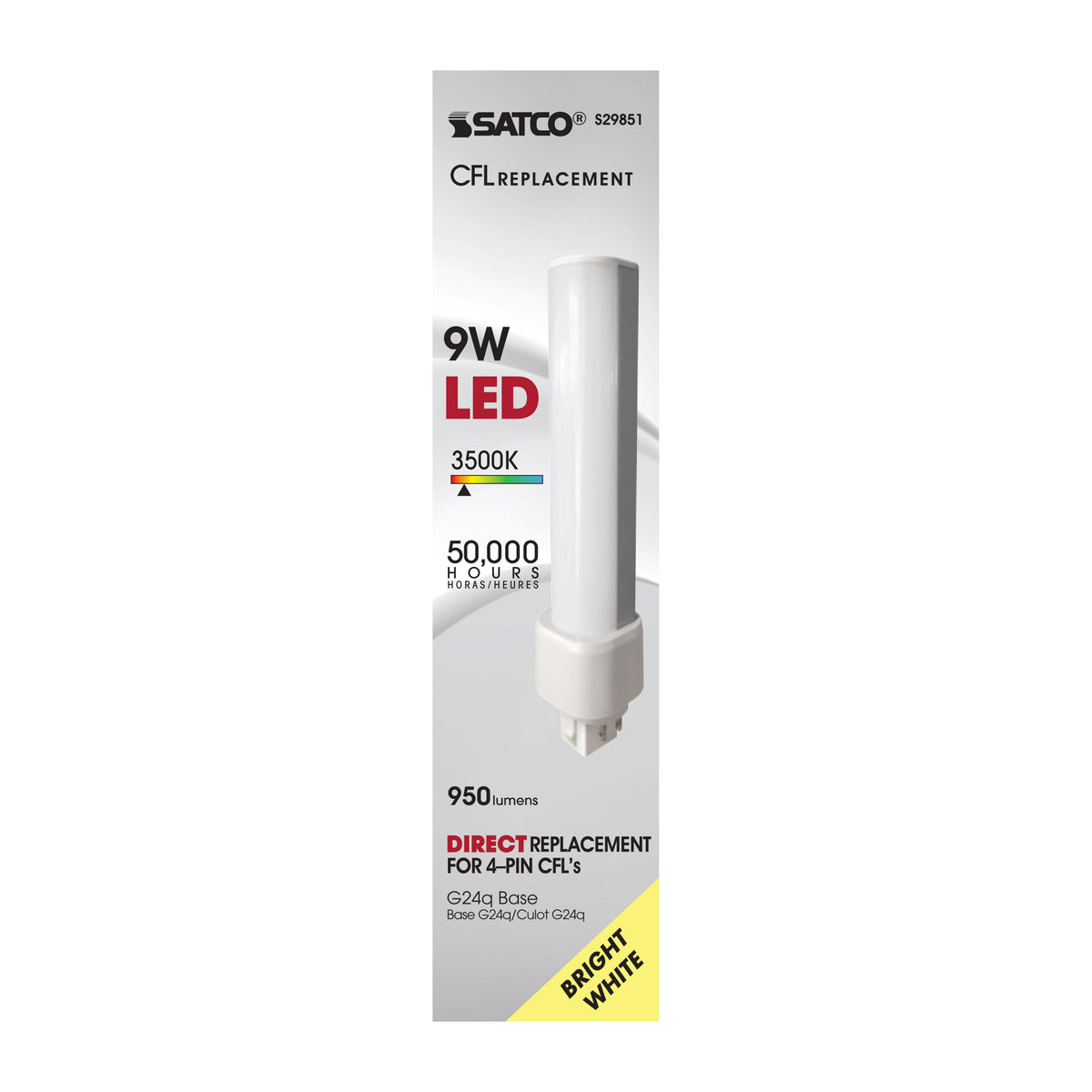 9 Watt LED PL 4-Pin - 3500K - 1050 Lumens - G24q base - 50000 Average rated hours - 120 Deg. Beam Angle - Type A - Ballast dependent