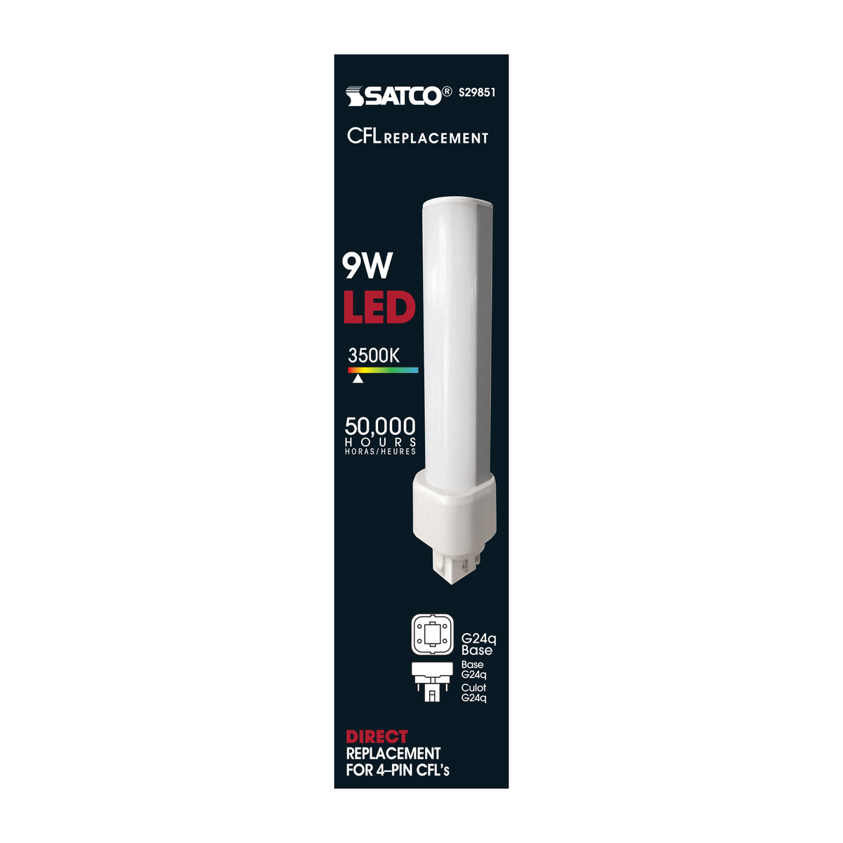 9 Watt LED PL 4-Pin - 3500K - 1050 Lumens - G24q base - 50000 Average rated hours - 120 Deg. Beam Angle - Type A - Ballast dependent